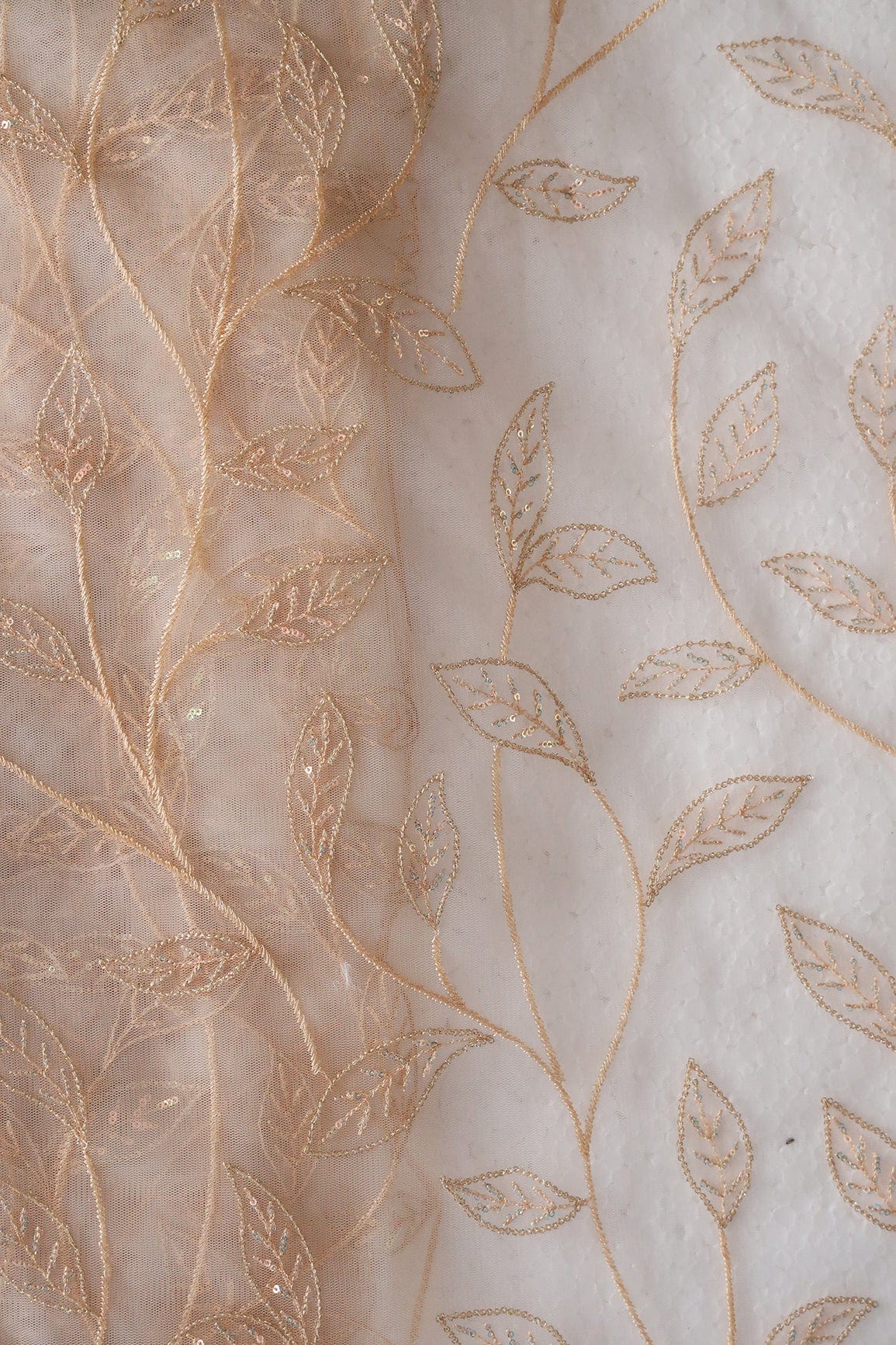 doeraa Embroidery Fabrics Beige Thread With Sequins Beautiful Leafy Embroidery On Cream Soft Net Fabric
