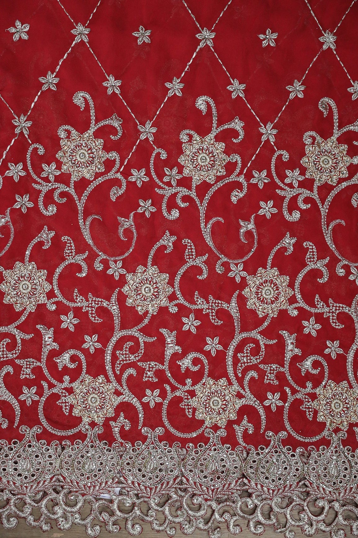 doeraa Embroidery Fabrics Big Width''56'' Gold And Silver Zari Floral Embroidery Work On Red Georgette Fabric With Border