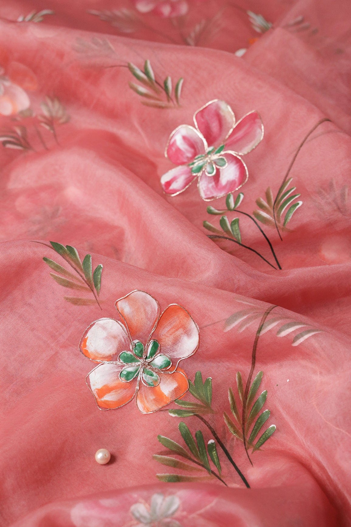 doeraa Embroidery Fabrics Copy of Beautiful Floral Hand Painted With Embroidery Work On Brown Organza Fabric