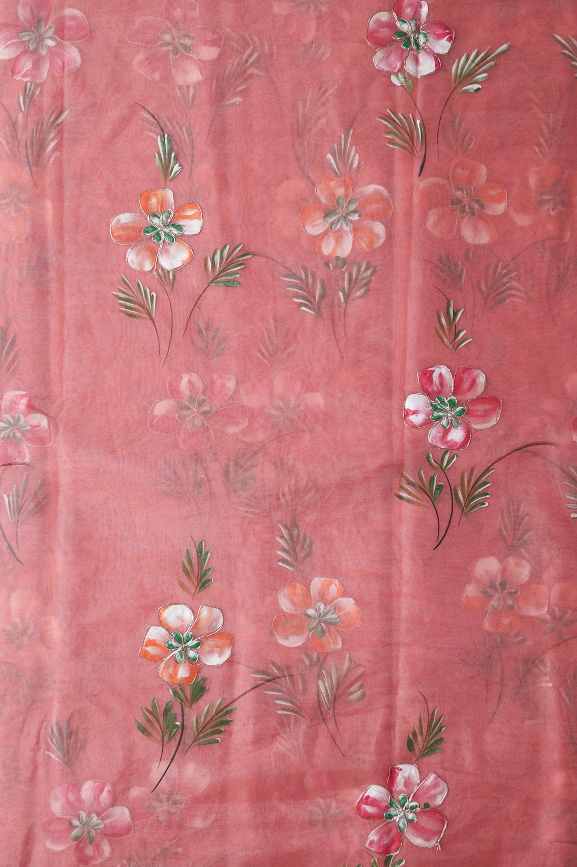 doeraa Embroidery Fabrics Copy of Beautiful Floral Hand Painted With Embroidery Work On Brown Organza Fabric