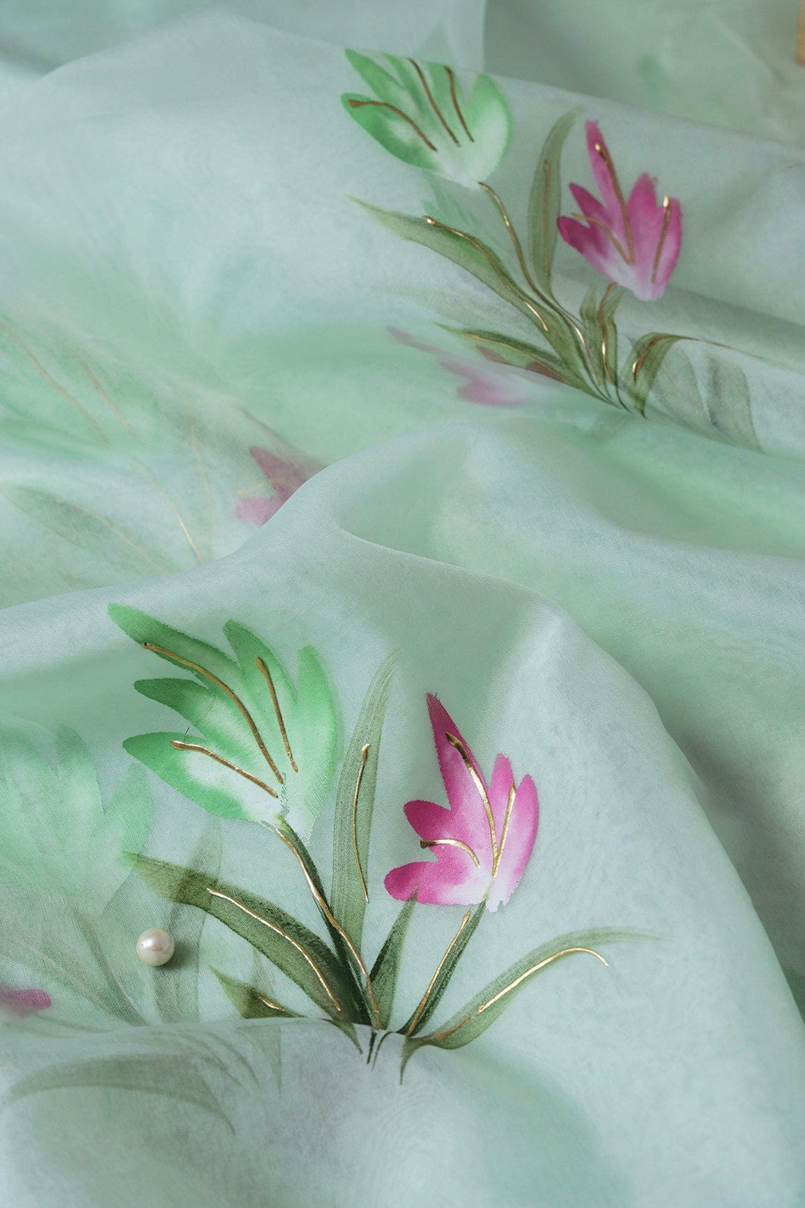 doeraa Embroidery Fabrics Copy of Gorgeous Floral Hand Painted With Foil Work On Olive Organza Fabric
