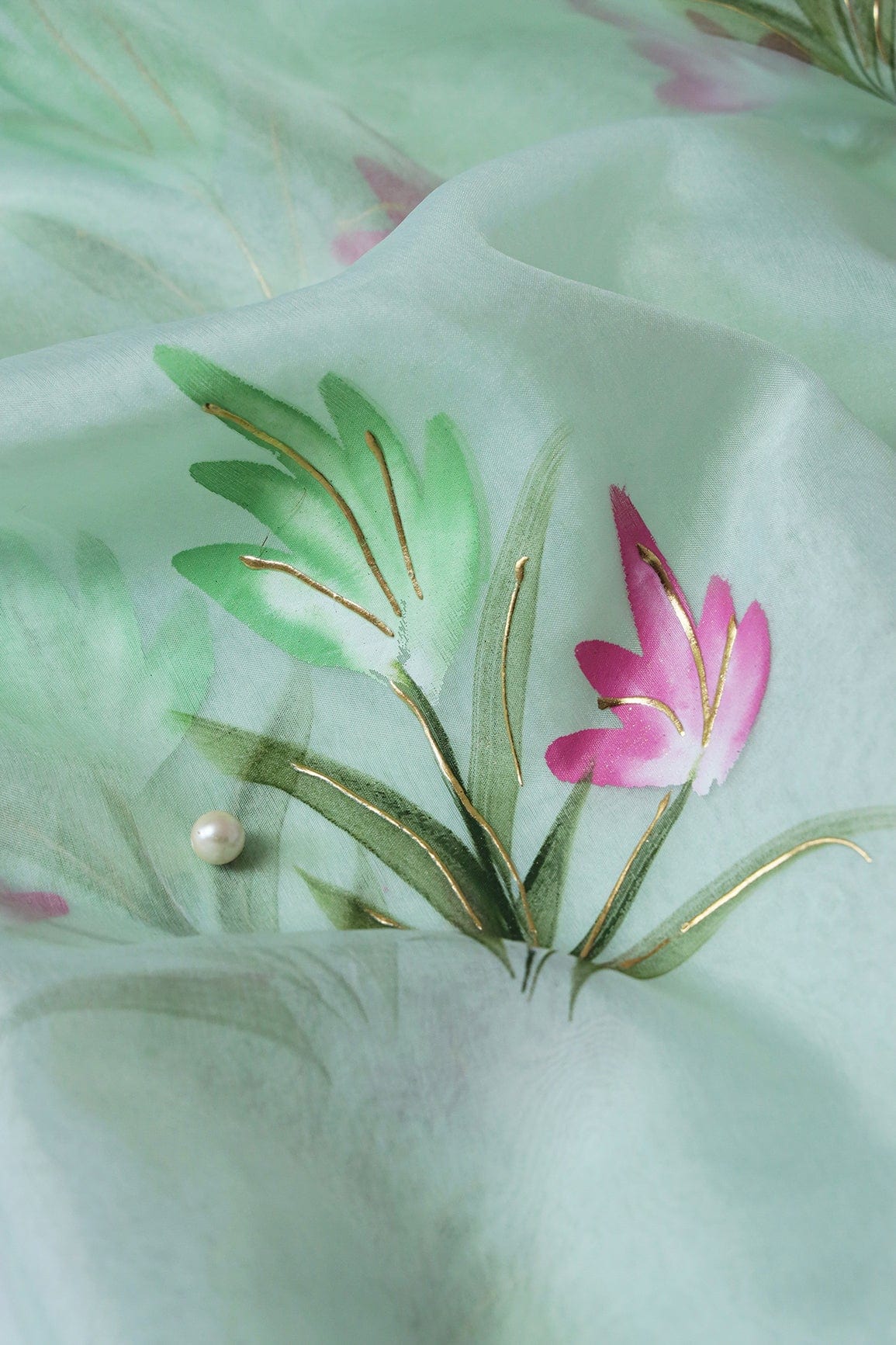 doeraa Embroidery Fabrics Copy of Gorgeous Floral Hand Painted With Foil Work On Olive Organza Fabric
