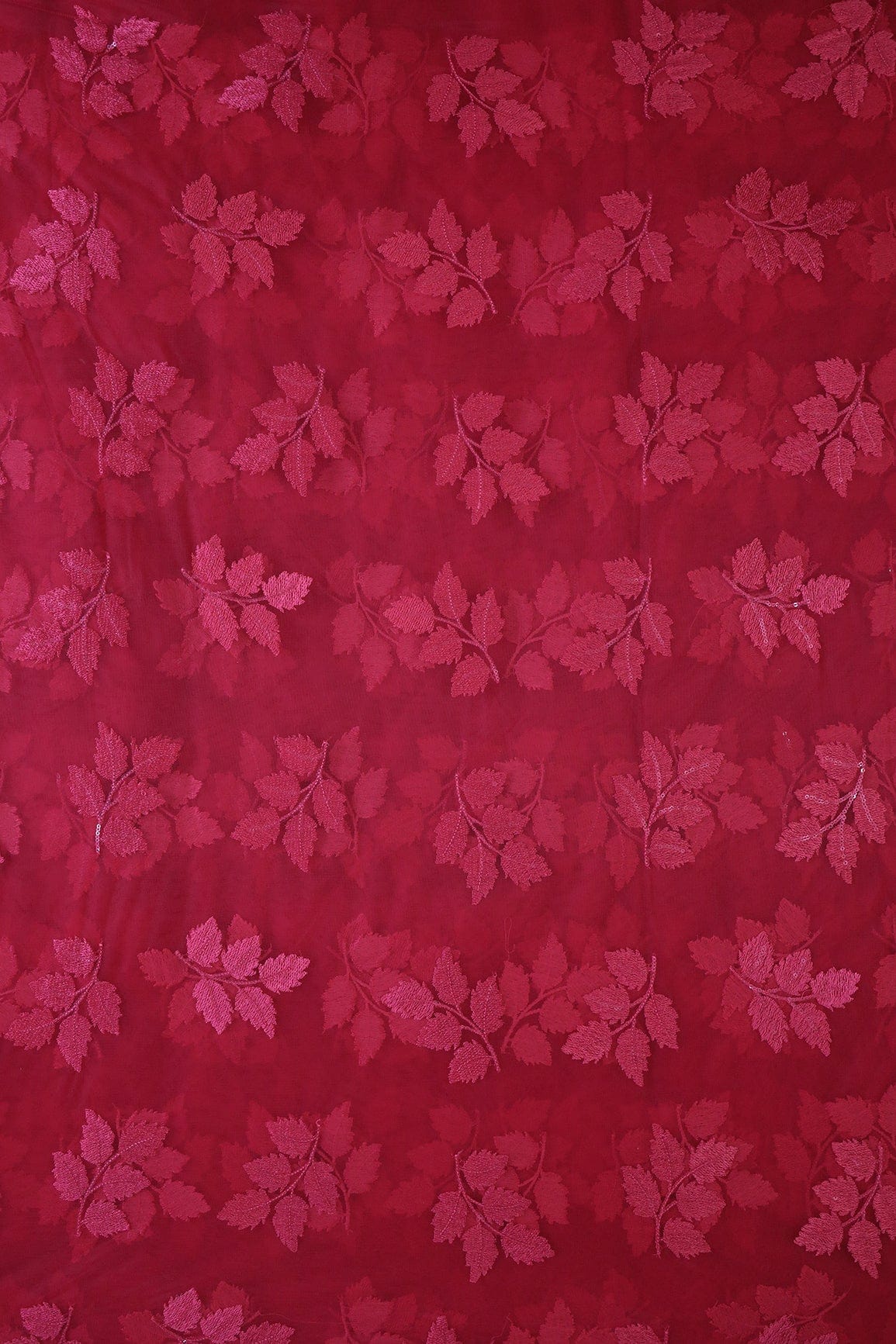 doeraa Embroidery Fabrics Dark Pink Thread With Sequins Leafy Embroidery Work On Pinkish Red Soft Net Fabric