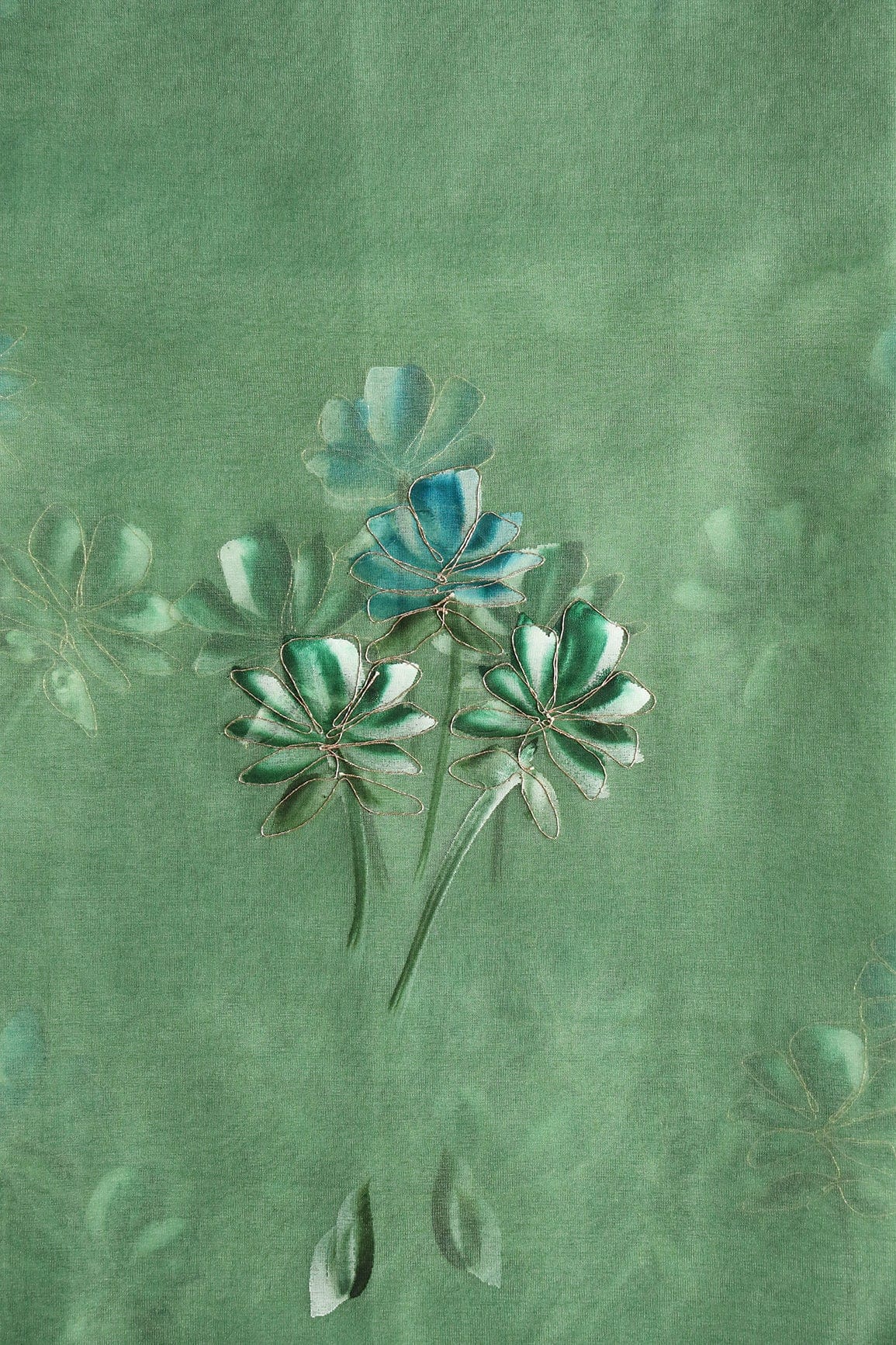 doeraa Embroidery Fabrics Elegant Floral Hand Painted With Embroidery Work On Olive Organza Fabric