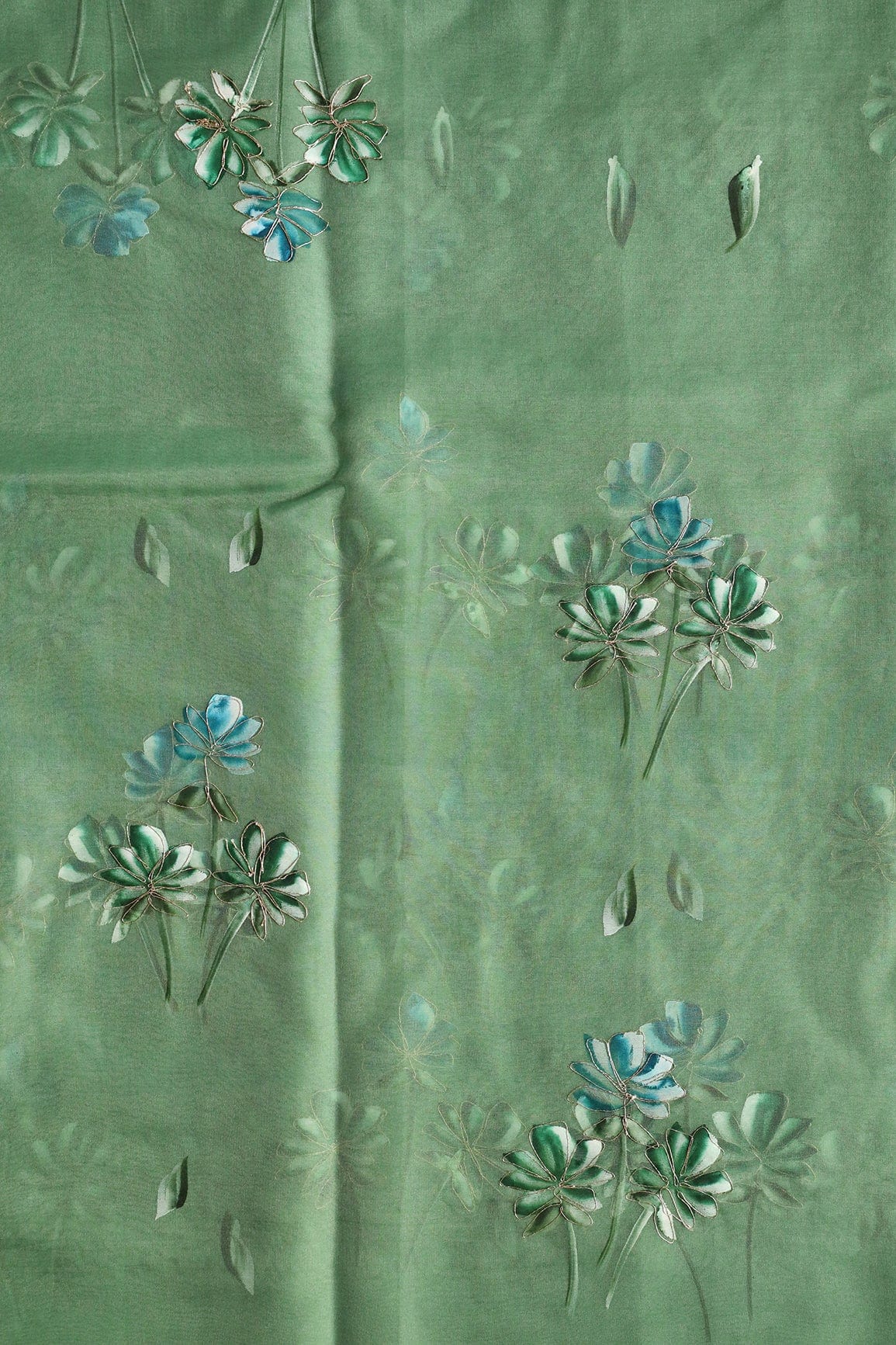 doeraa Embroidery Fabrics Elegant Floral Hand Painted With Embroidery Work On Olive Organza Fabric