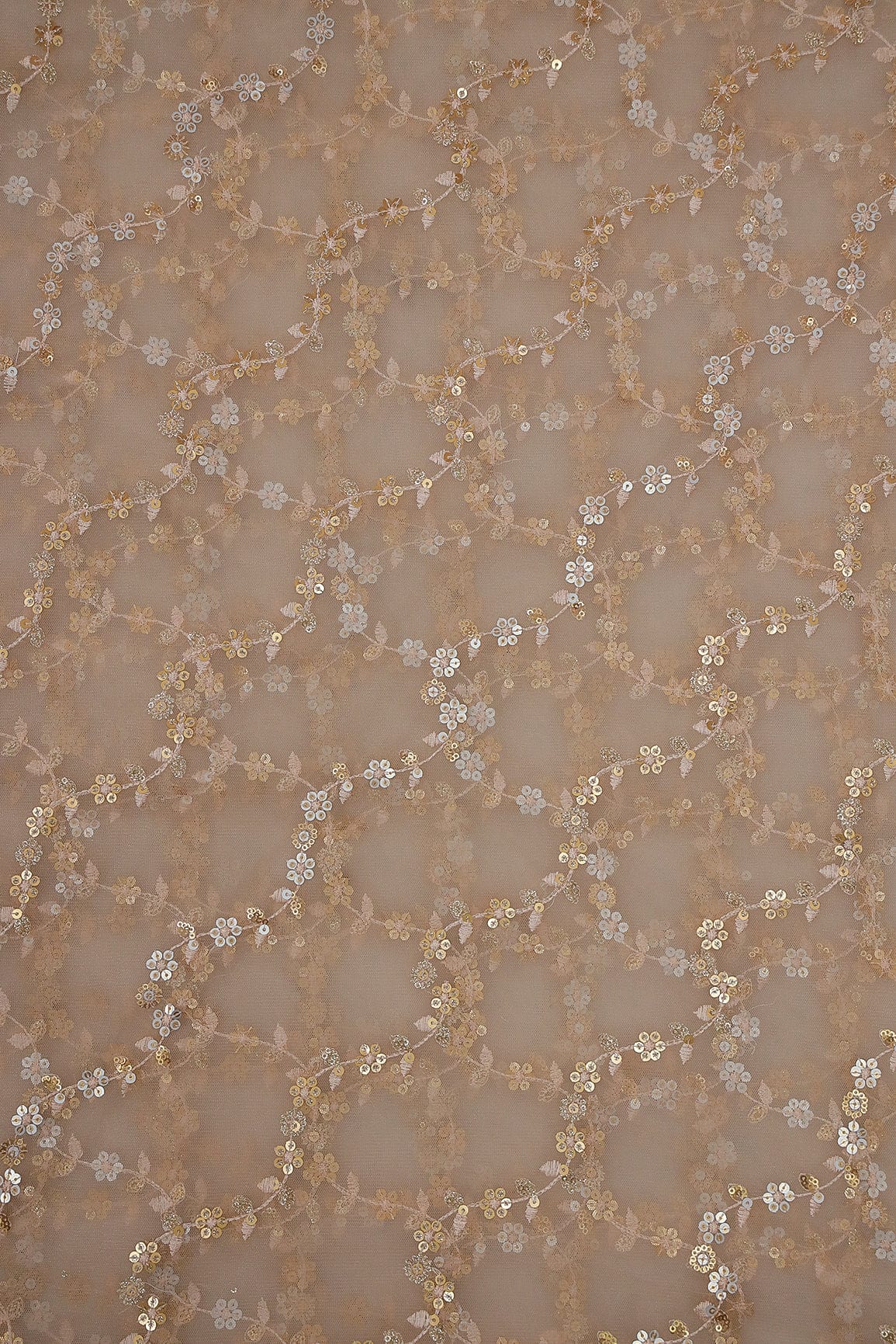 doeraa Embroidery Fabrics Gold Sequins and Leafy Thread Embroidery on Beige Soft Net Fabric