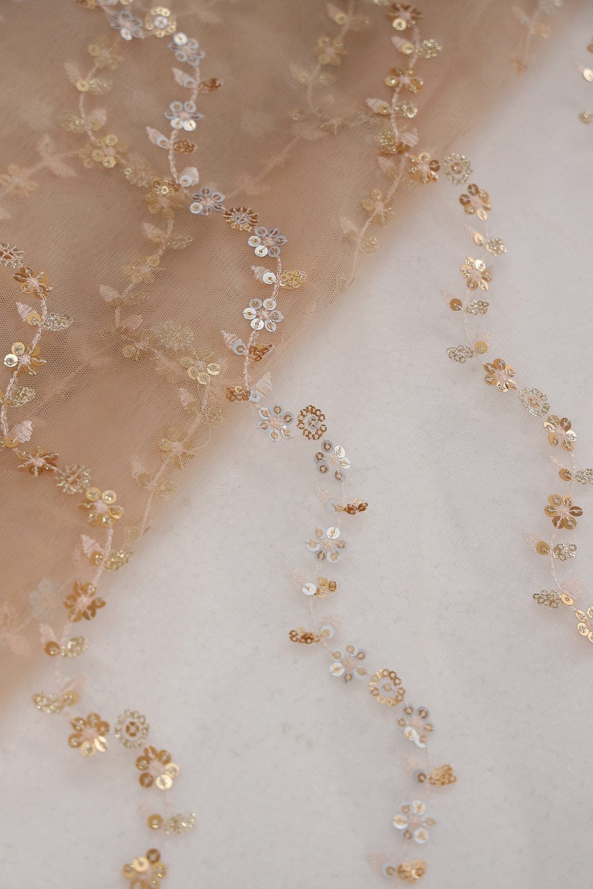 doeraa Embroidery Fabrics Gold Sequins and Leafy Thread Embroidery on Beige Soft Net Fabric