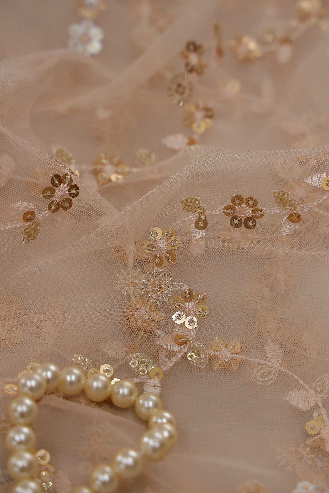doeraa Embroidery Fabrics Gold Sequins and Leafy Thread Embroidery on Beige Soft Net Fabric