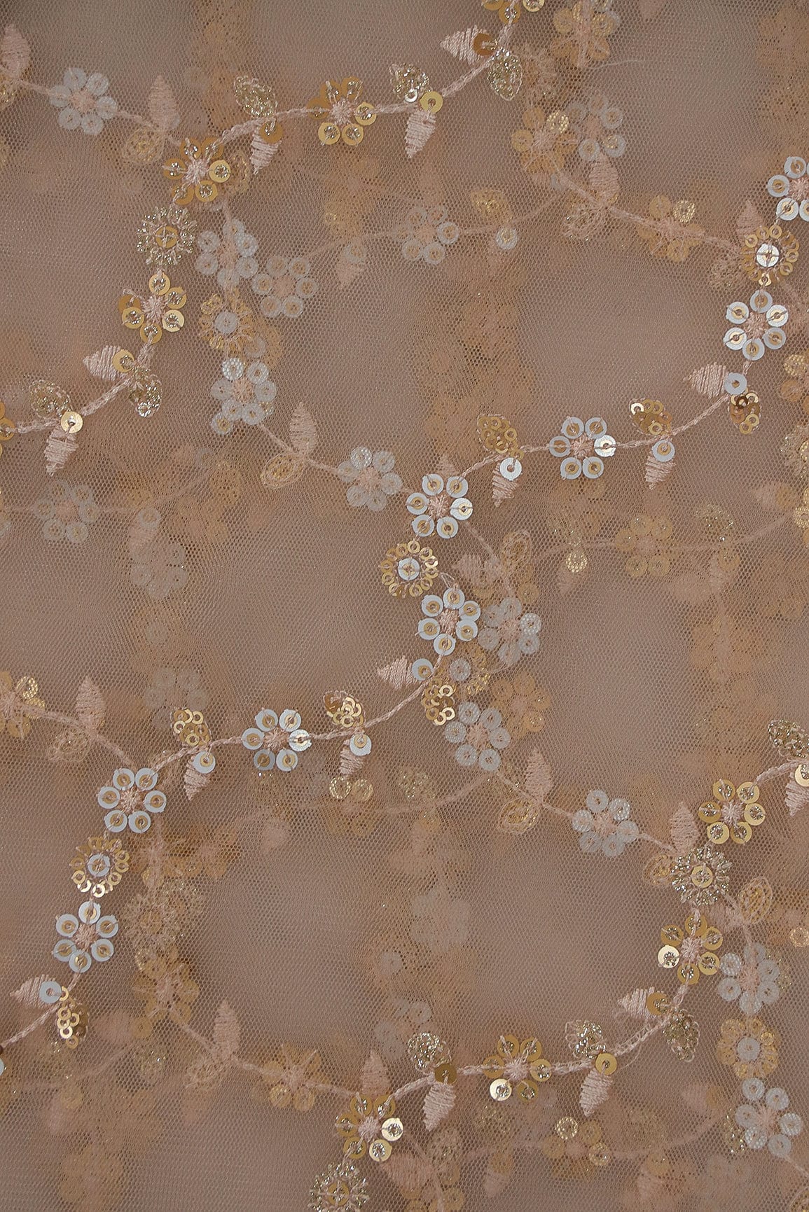 doeraa Embroidery Fabrics Gold Sequins and Leafy Thread Embroidery on Beige Soft Net Fabric