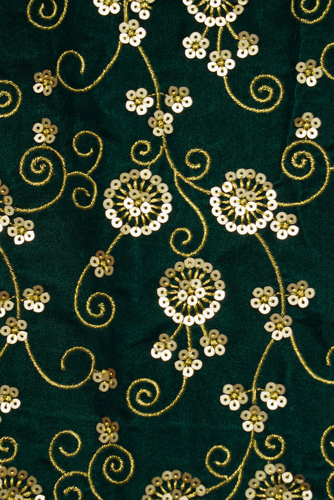 doeraa Embroidery Fabrics Gold Sequins With Gold Thread Embroidery On Bottle Green Velvet