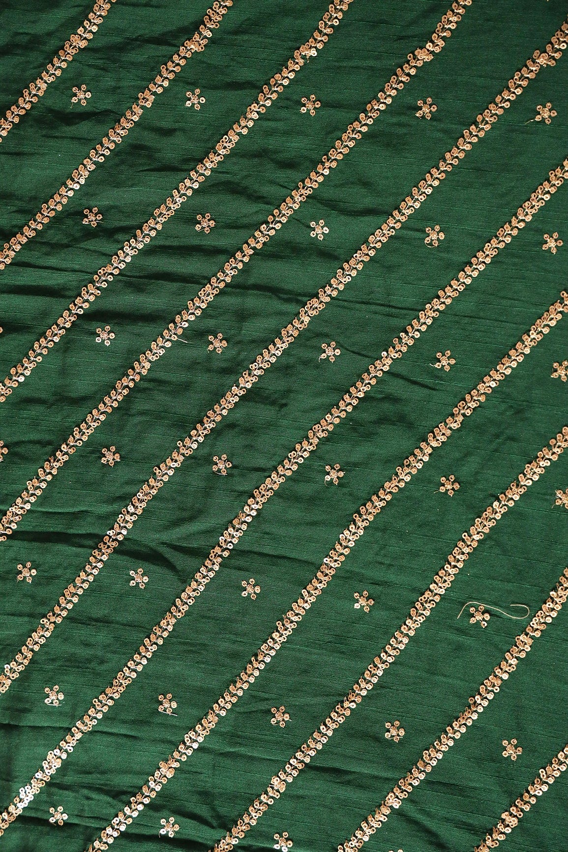 doeraa Embroidery Fabrics Gold Sequins With Gold Zari Stripes And Small Motif Embroidery Work On Bottle Green Raw Silk Fabric