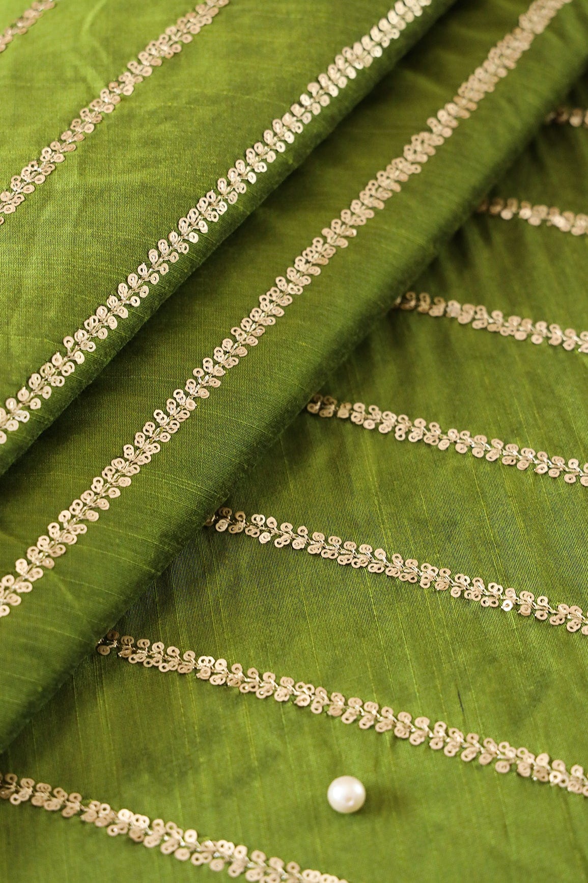 doeraa Embroidery Fabrics Gold Sequins With Gold Zari Stripes Embroidery Work On Dark Olive Raw Silk Fabric