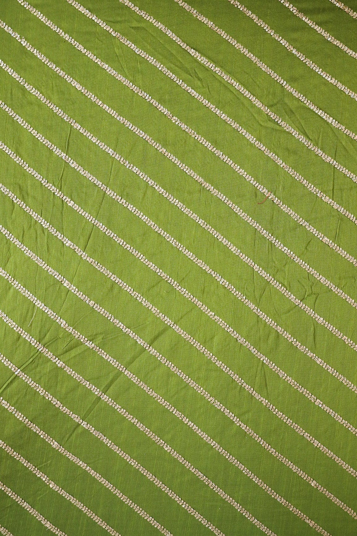 doeraa Embroidery Fabrics Gold Sequins With Gold Zari Stripes Embroidery Work On Dark Olive Raw Silk Fabric