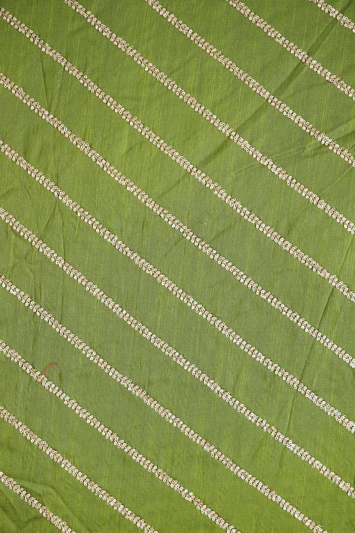 doeraa Embroidery Fabrics Gold Sequins With Gold Zari Stripes Embroidery Work On Dark Olive Raw Silk Fabric