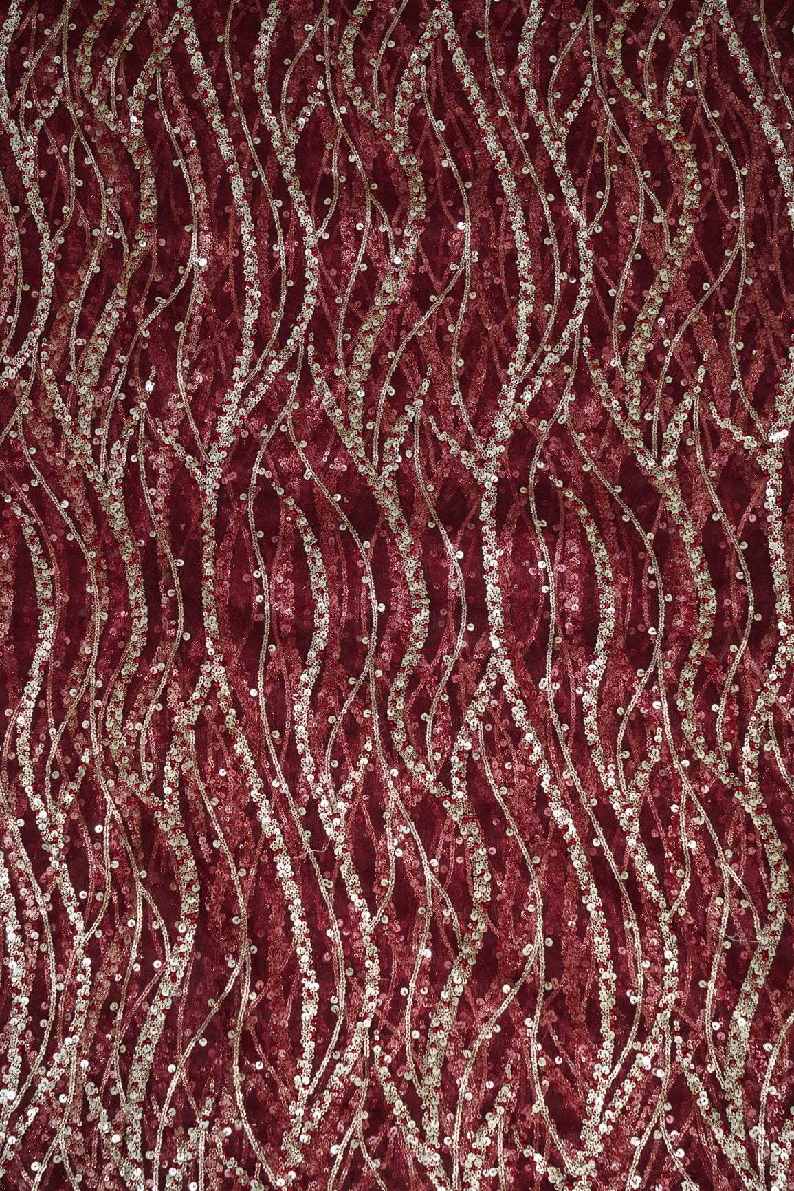 doeraa Embroidery Fabrics Gold Sequins With Maroon Thread Embroidery On Maroon Soft Net