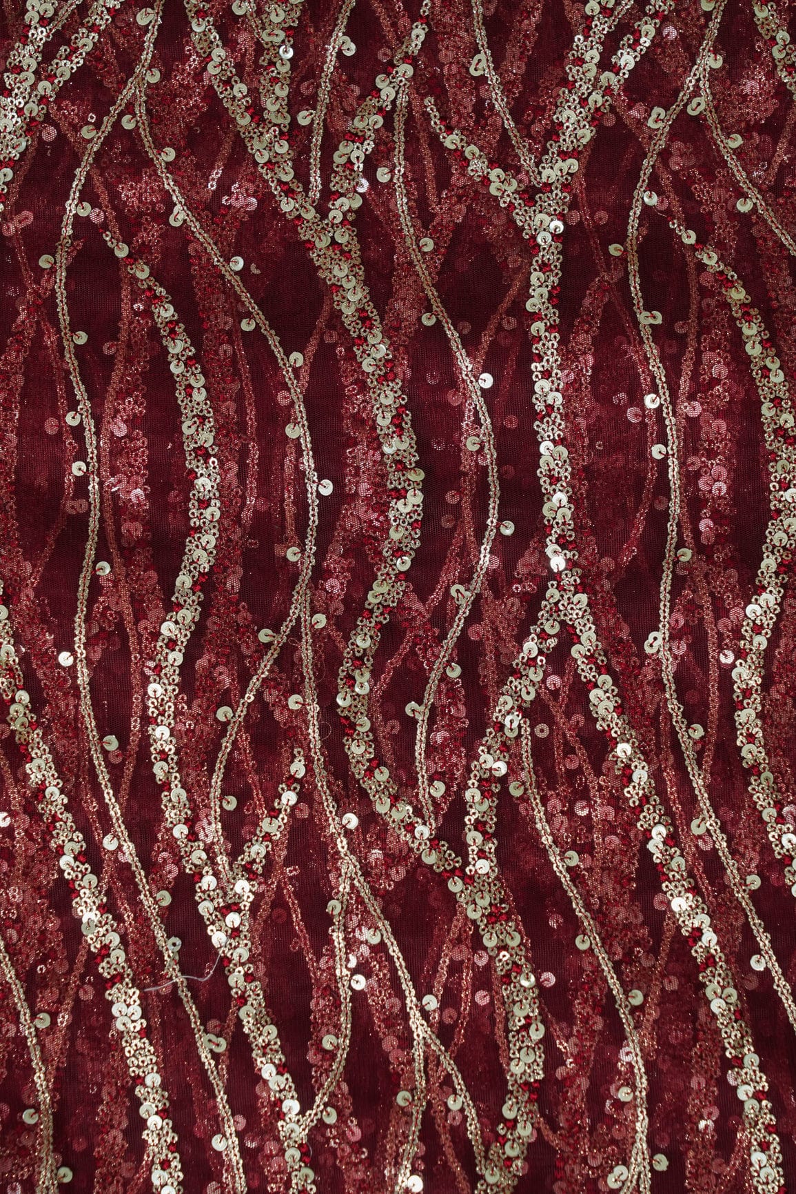 doeraa Embroidery Fabrics Gold Sequins With Maroon Thread Embroidery On Maroon Soft Net