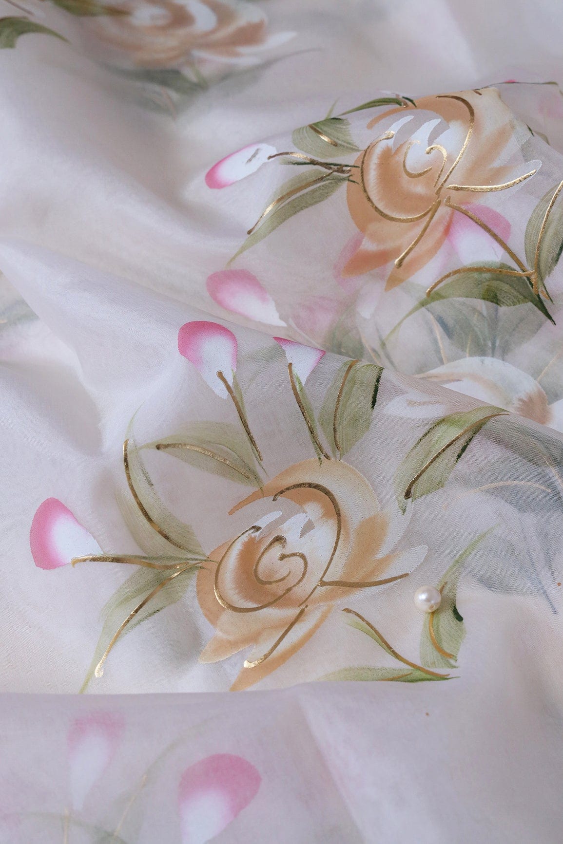 doeraa Embroidery Fabrics Gorgeous Floral Hand Painted With Foil Work On Cream Organza Fabric