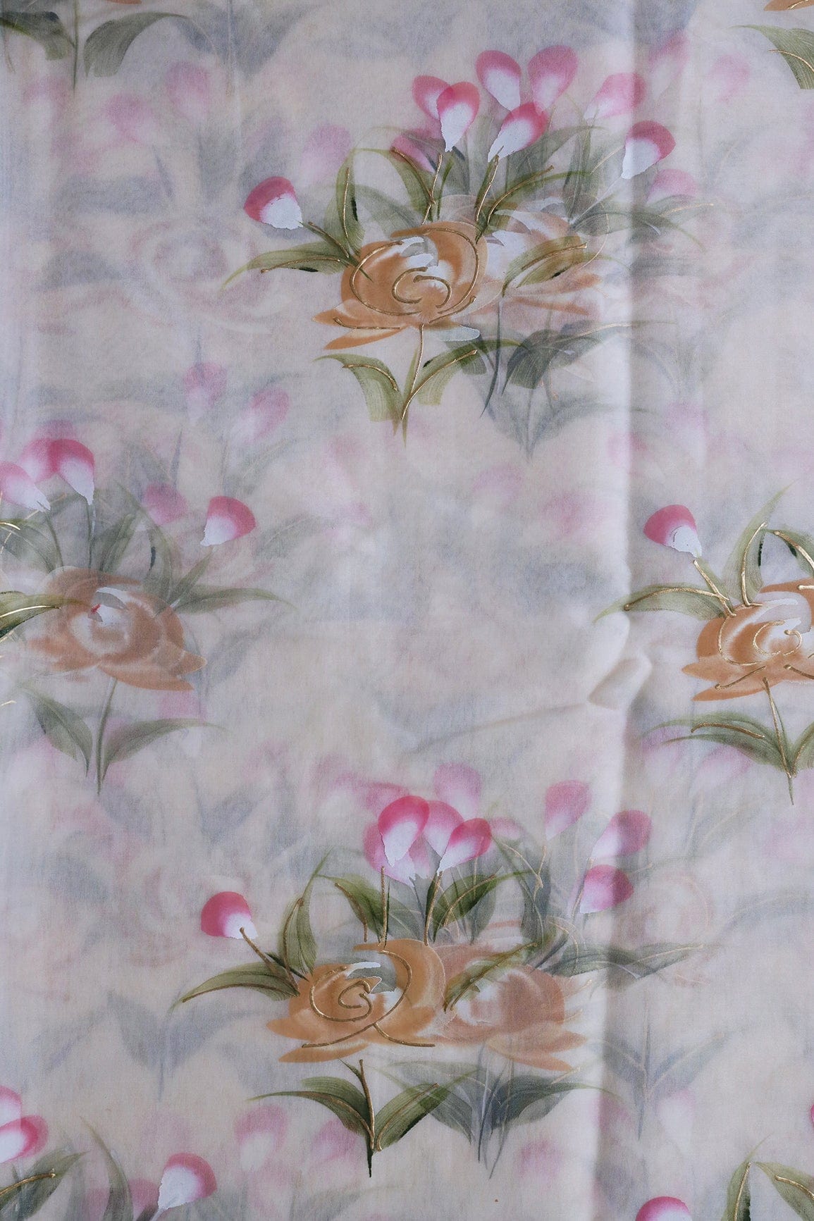 doeraa Embroidery Fabrics Gorgeous Floral Hand Painted With Foil Work On Cream Organza Fabric