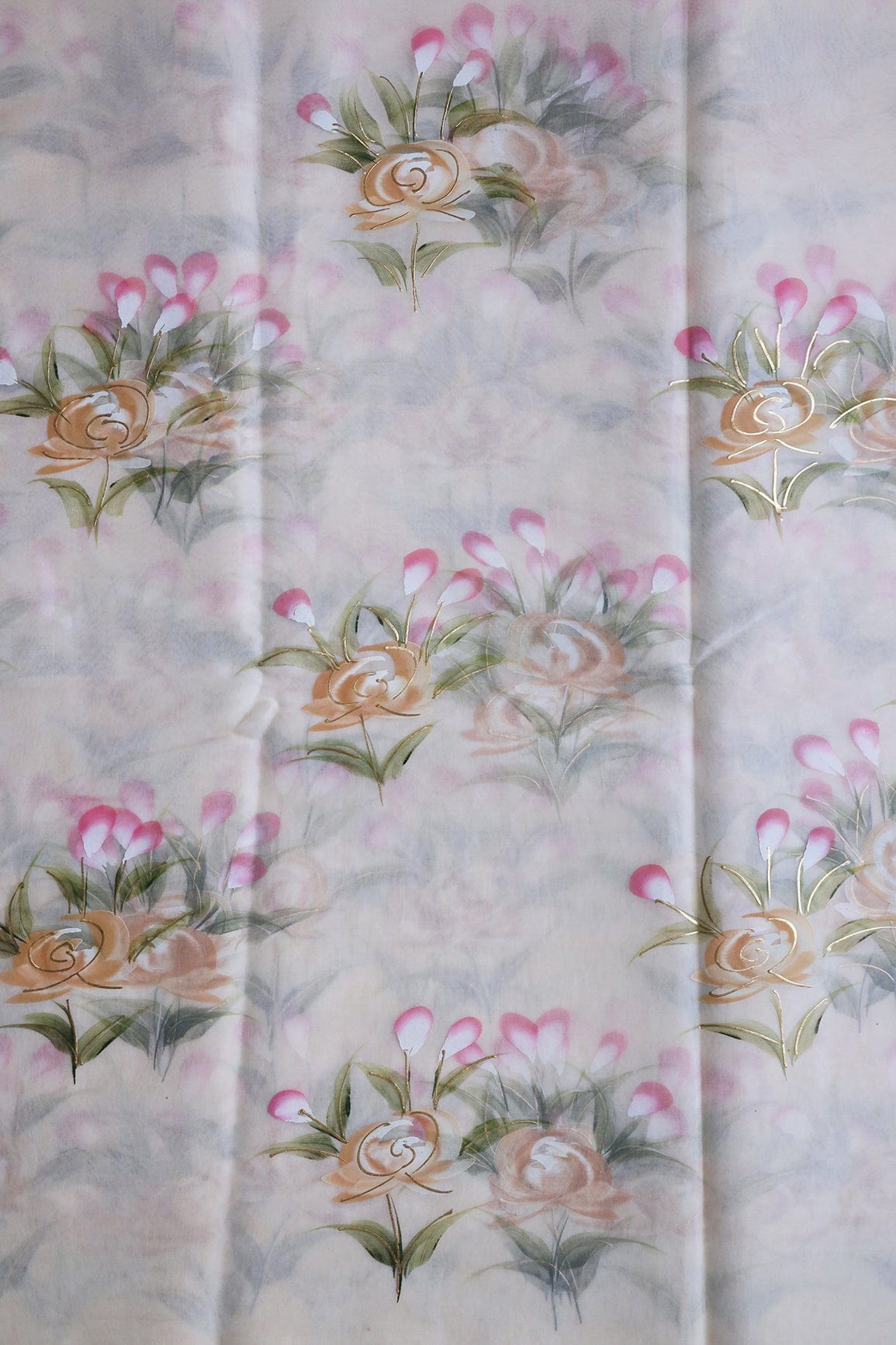 doeraa Embroidery Fabrics Gorgeous Floral Hand Painted With Foil Work On Cream Organza Fabric