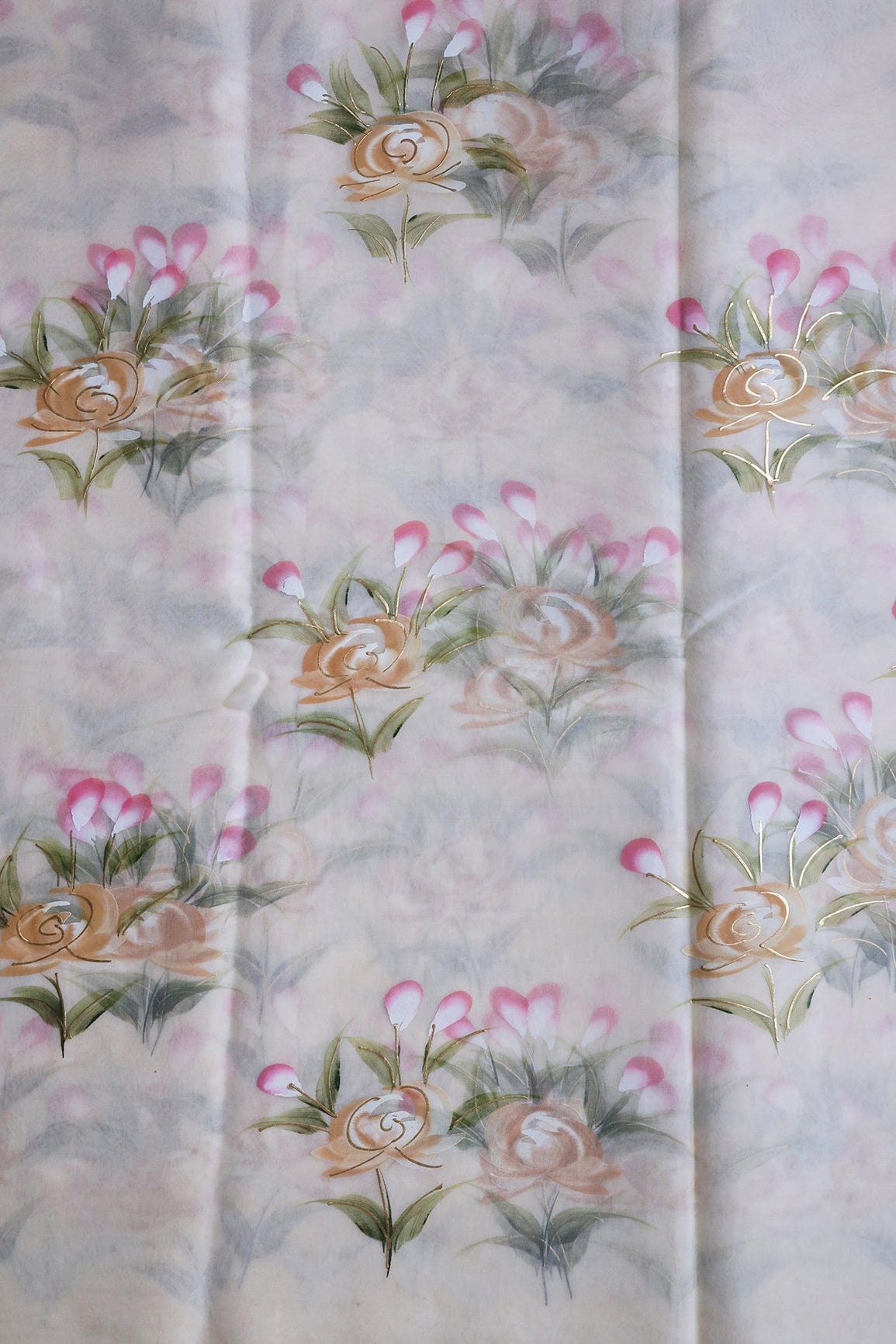 doeraa Embroidery Fabrics Gorgeous Floral Hand Painted With Foil Work On Cream Organza Fabric