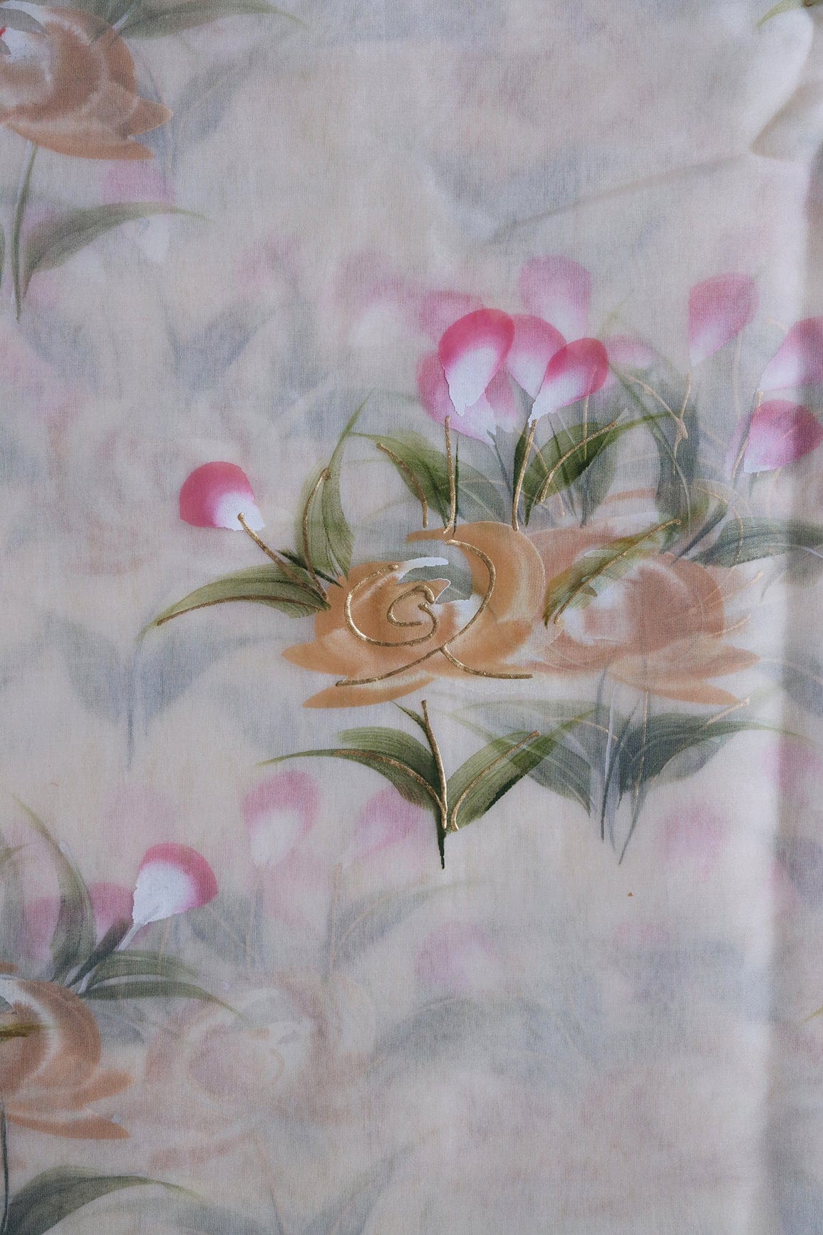 doeraa Embroidery Fabrics Gorgeous Floral Hand Painted With Foil Work On Cream Organza Fabric