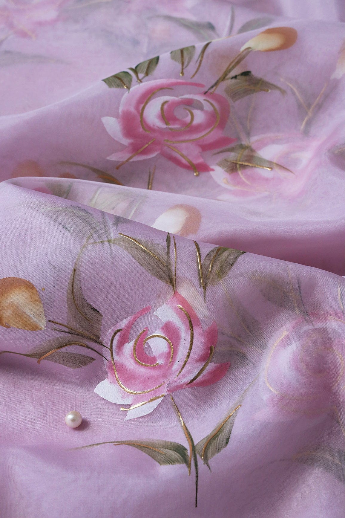 doeraa Embroidery Fabrics Gorgeous Floral Hand Painted With Foil Work On Light Lavender Organza Fabric