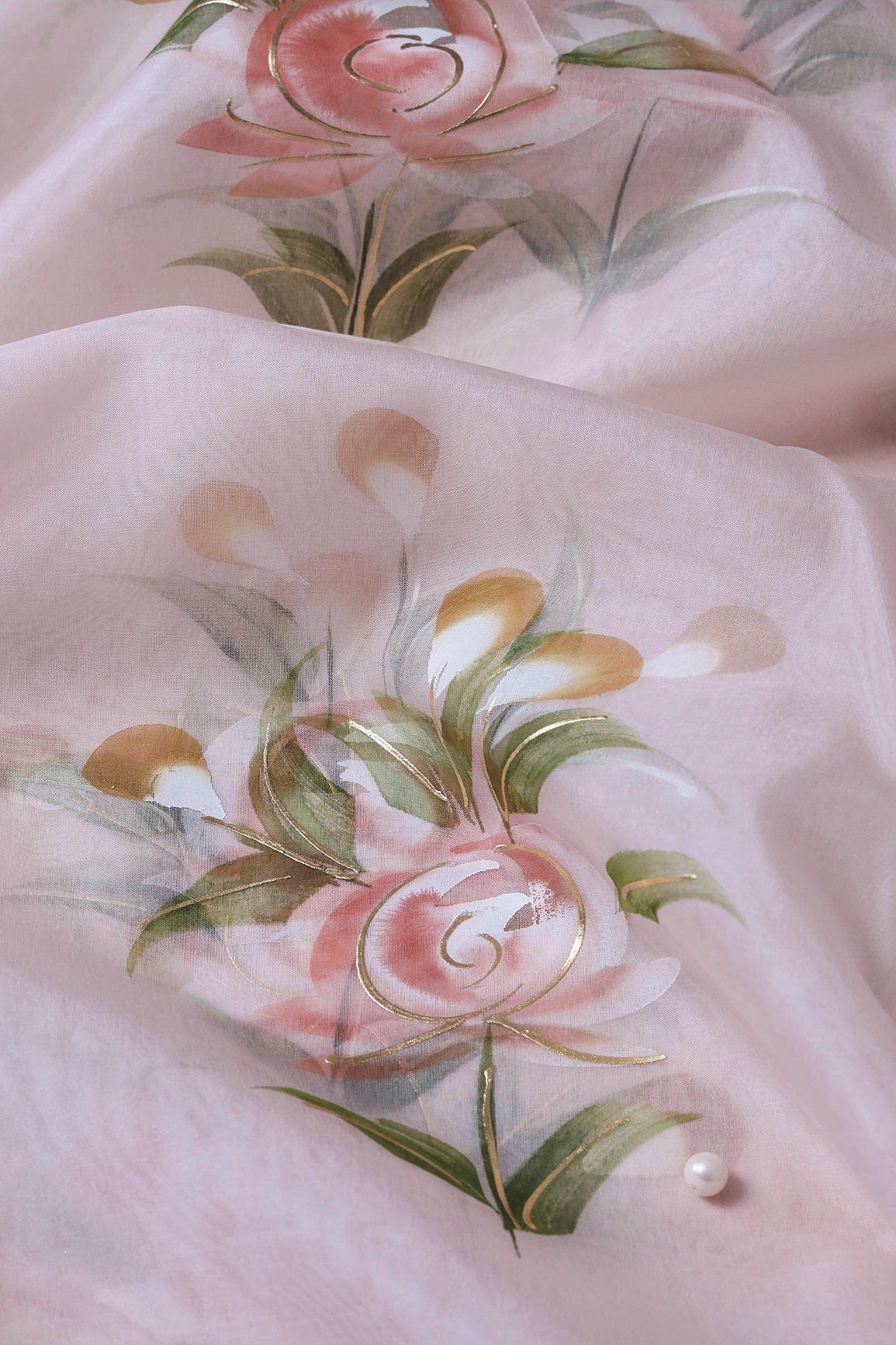 doeraa Embroidery Fabrics Gorgeous Floral Hand Painted With Foil Work On Light Peach Organza Fabric