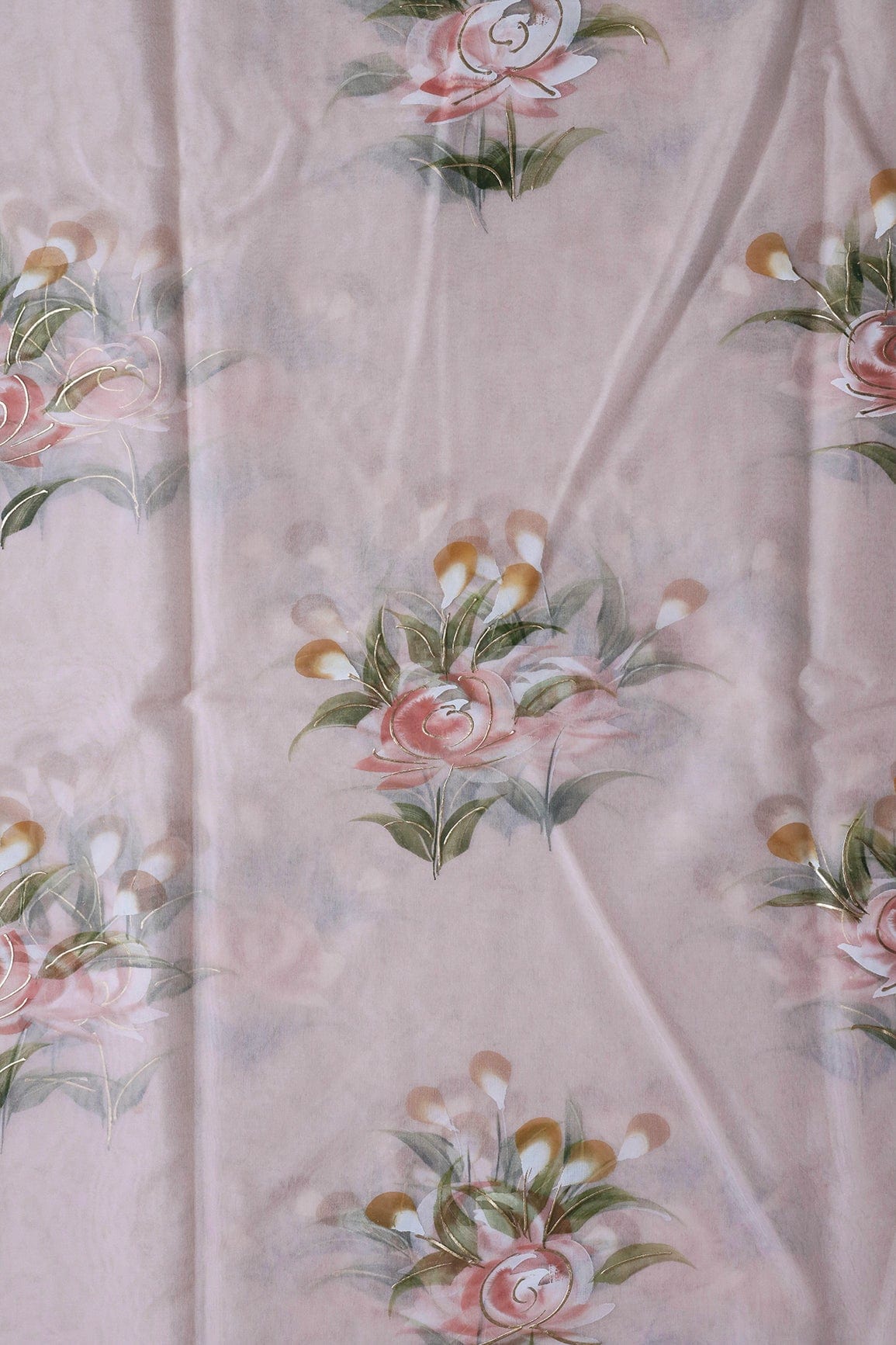 doeraa Embroidery Fabrics Gorgeous Floral Hand Painted With Foil Work On Light Peach Organza Fabric