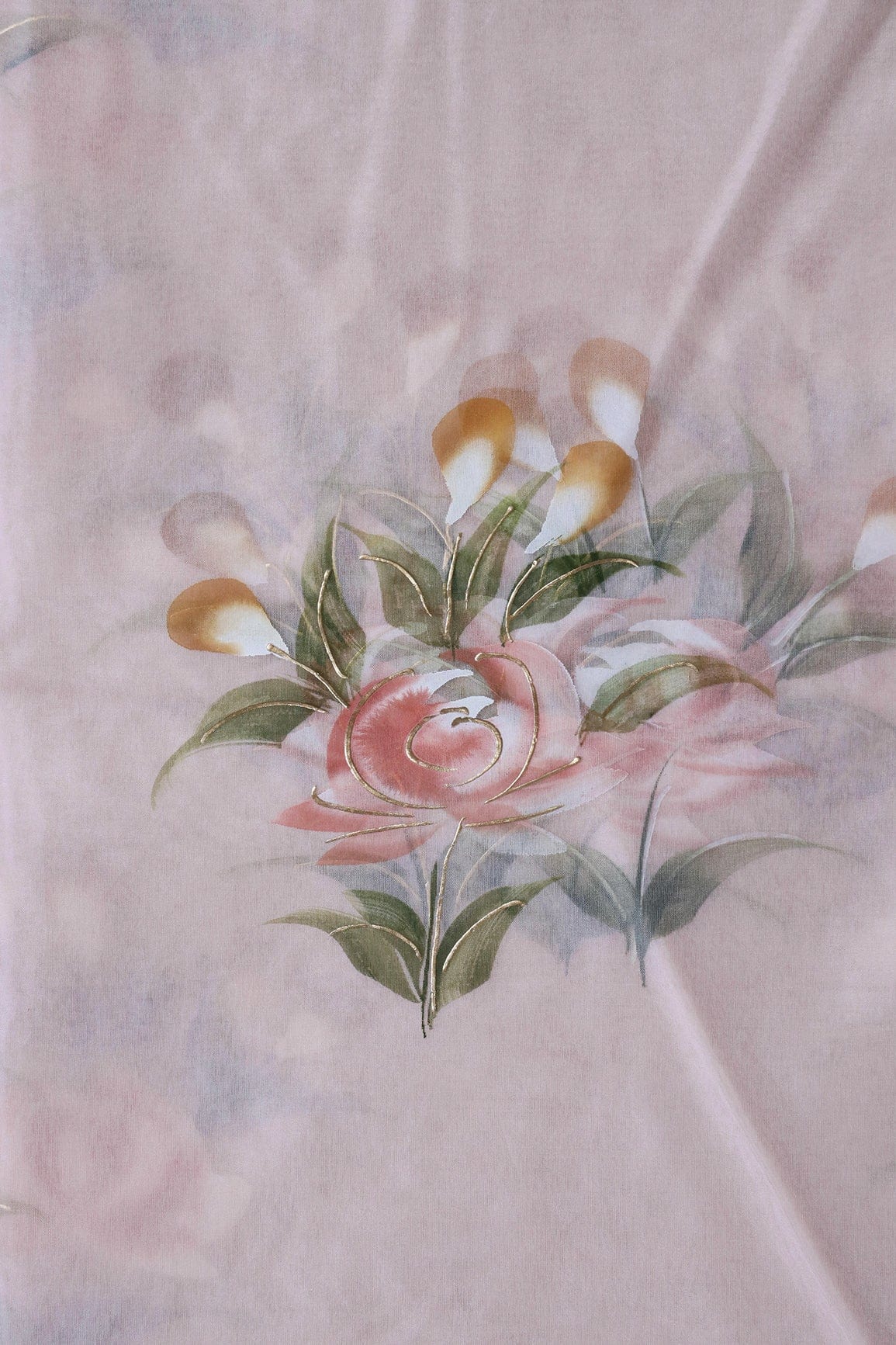 doeraa Embroidery Fabrics Gorgeous Floral Hand Painted With Foil Work On Light Peach Organza Fabric