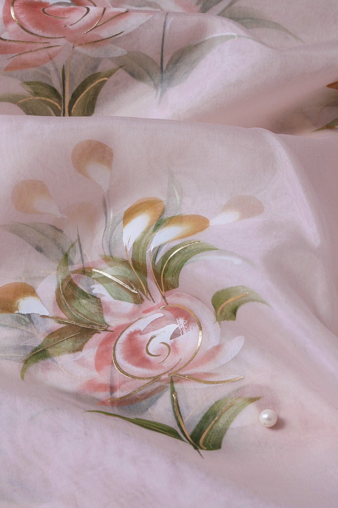 doeraa Embroidery Fabrics Gorgeous Floral Hand Painted With Foil Work On Light Peach Organza Fabric