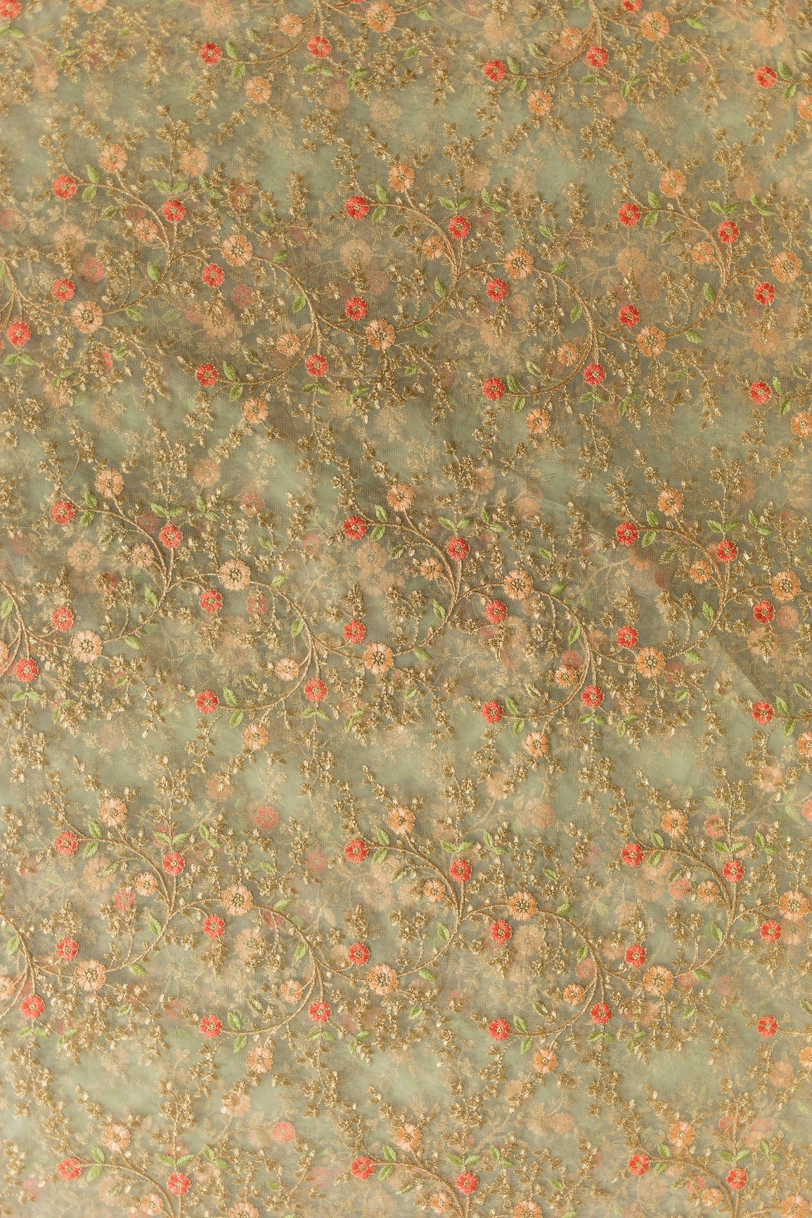 doeraa Embroidery Fabrics Gorgeous Multi Floral Thread work Embroidery On Olive Soft Net Fabric