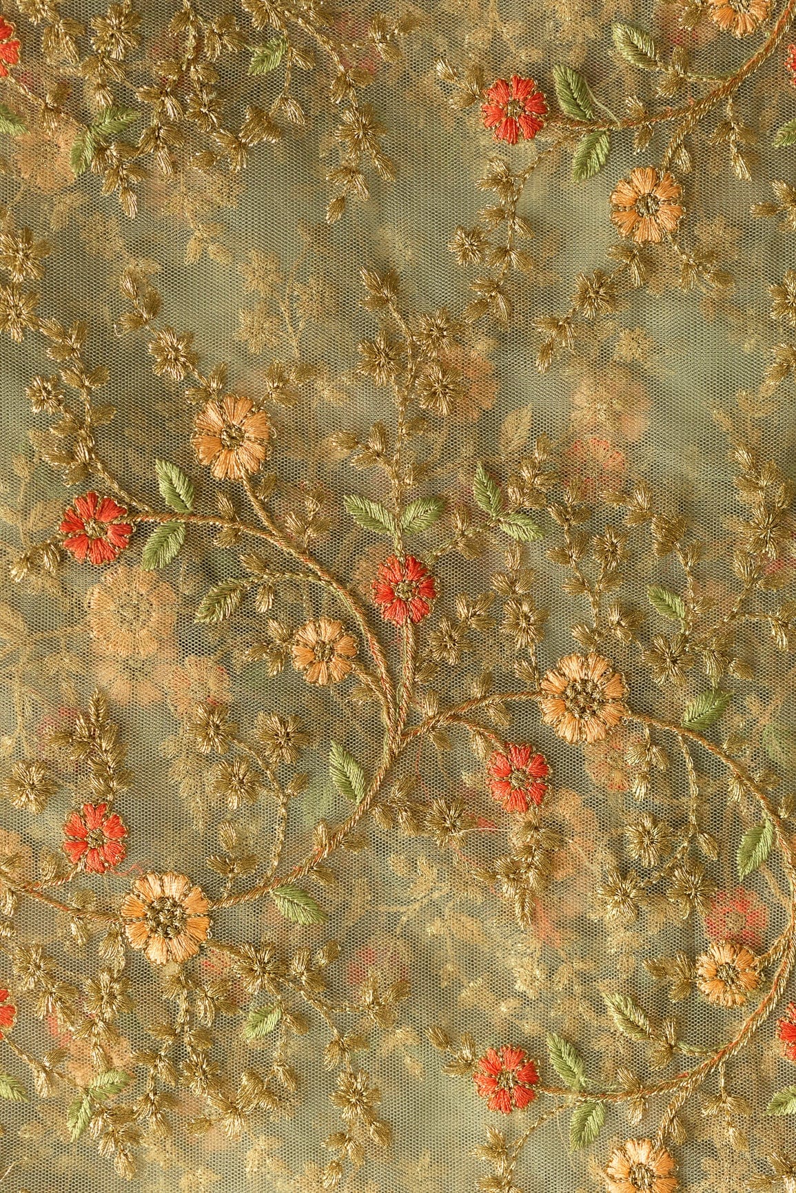 doeraa Embroidery Fabrics Gorgeous Multi Floral Thread work Embroidery On Olive Soft Net Fabric