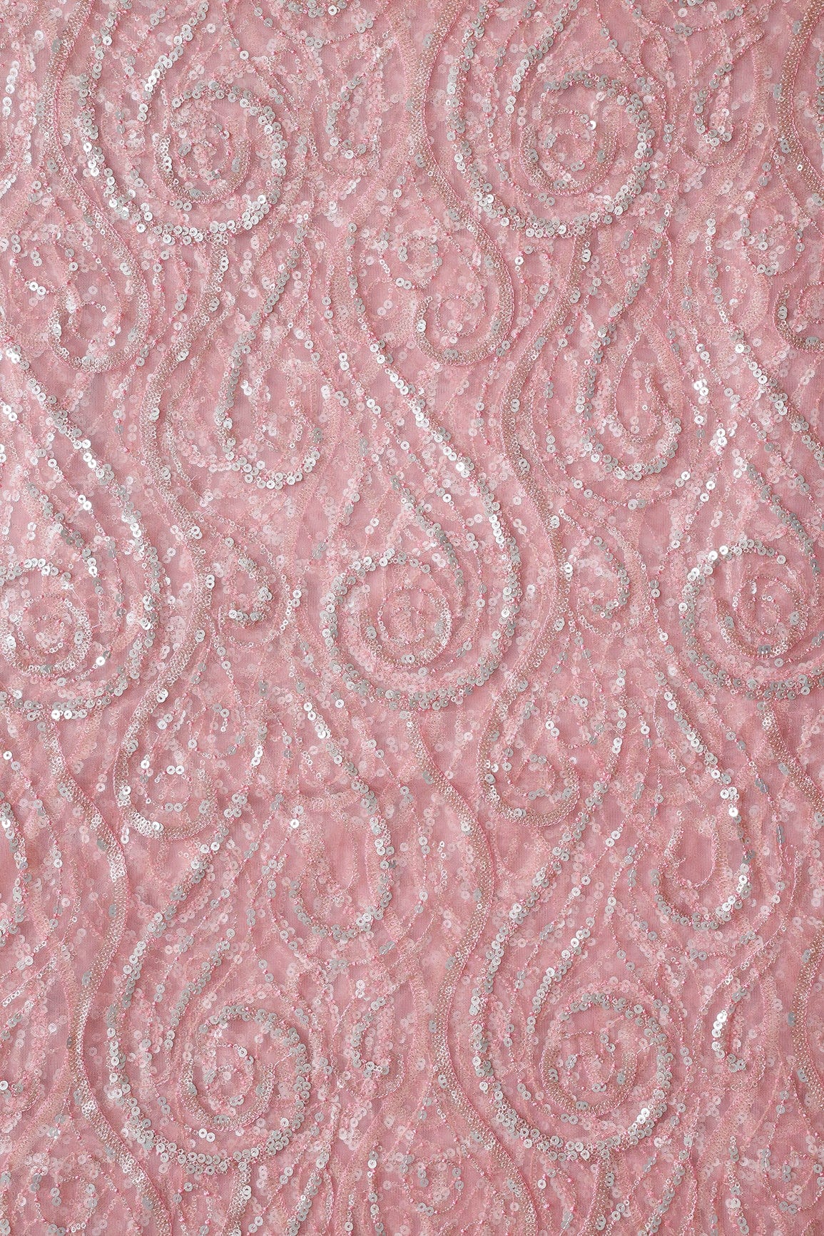 doeraa Embroidery Fabrics Gorgeous Multi Sequins Geometric Embroidery On Pink Soft Net Fabric