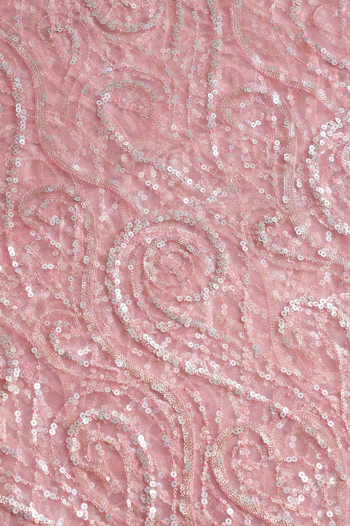 doeraa Embroidery Fabrics Gorgeous Multi Sequins Geometric Embroidery On Pink Soft Net Fabric