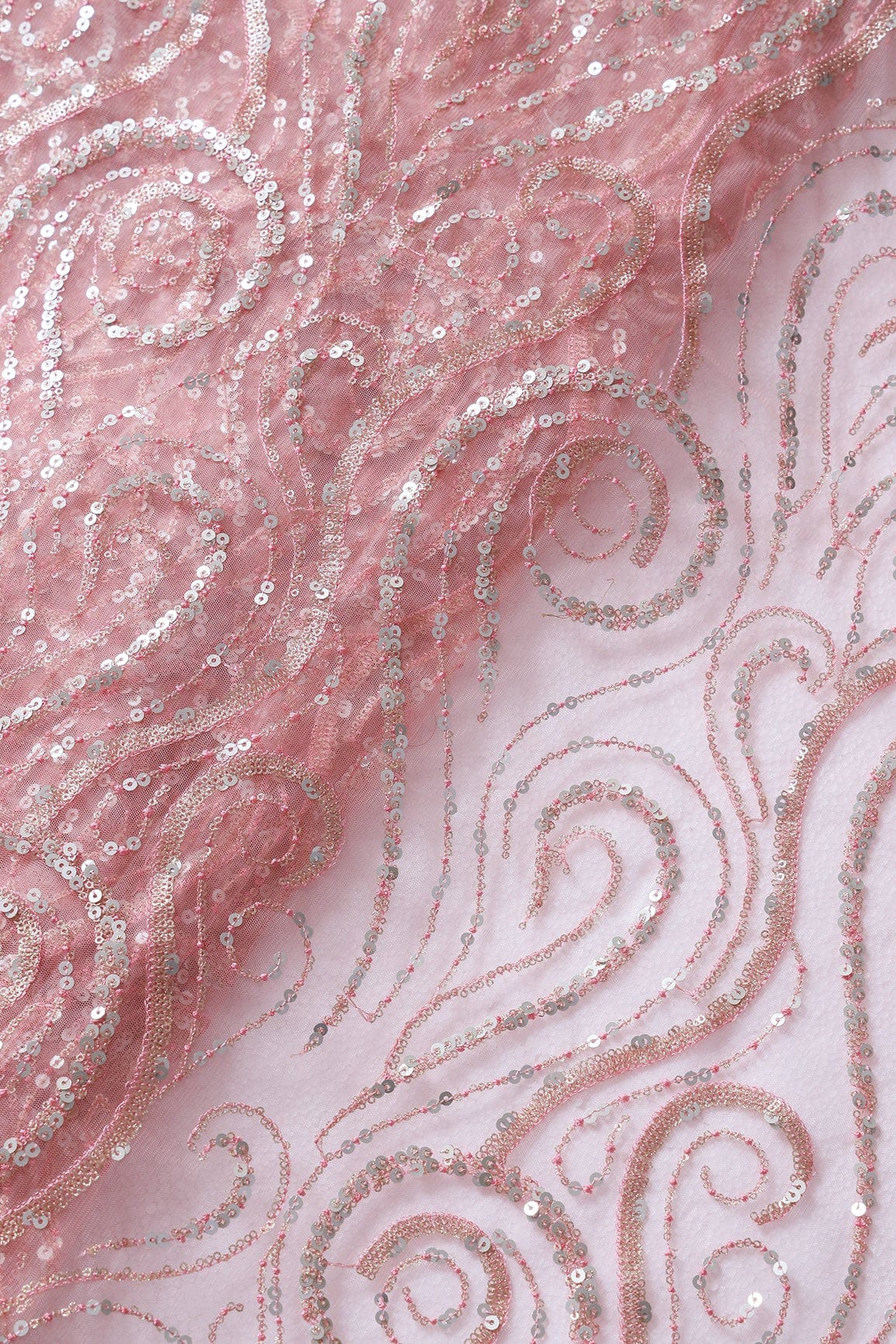 doeraa Embroidery Fabrics Gorgeous Multi Sequins Geometric Embroidery On Pink Soft Net Fabric