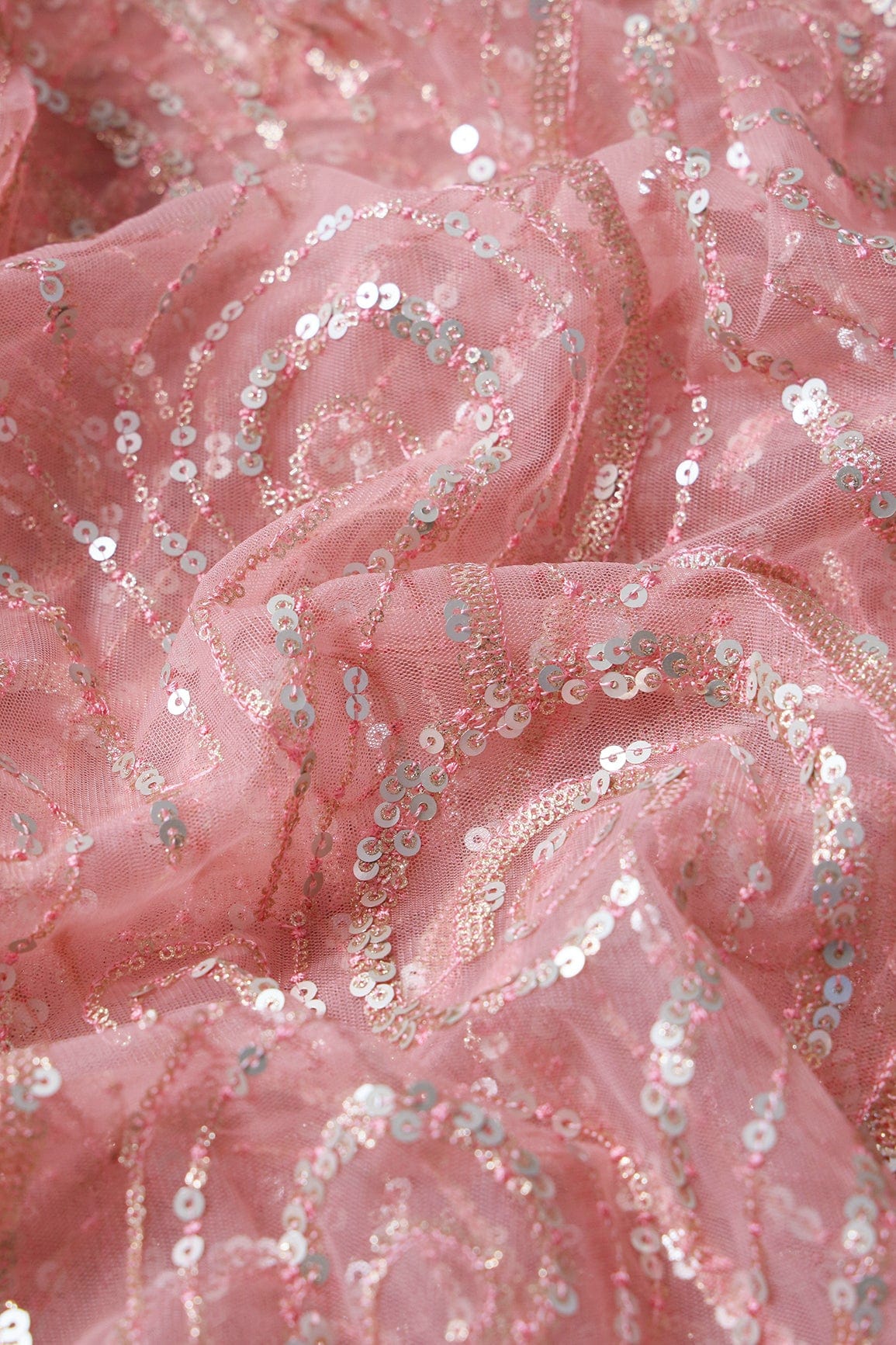 doeraa Embroidery Fabrics Gorgeous Multi Sequins Geometric Embroidery On Pink Soft Net Fabric