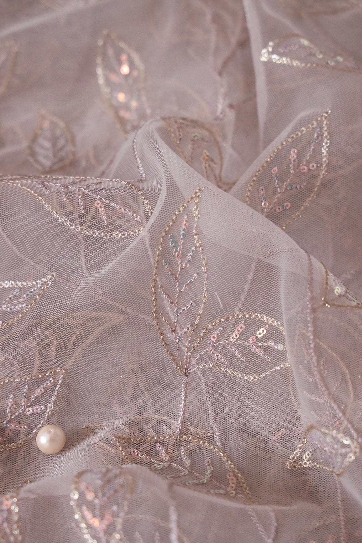 doeraa Embroidery Fabrics Grey Thread With Sequins Beautiful Leafy Embroidery On Grey Soft Net Fabric