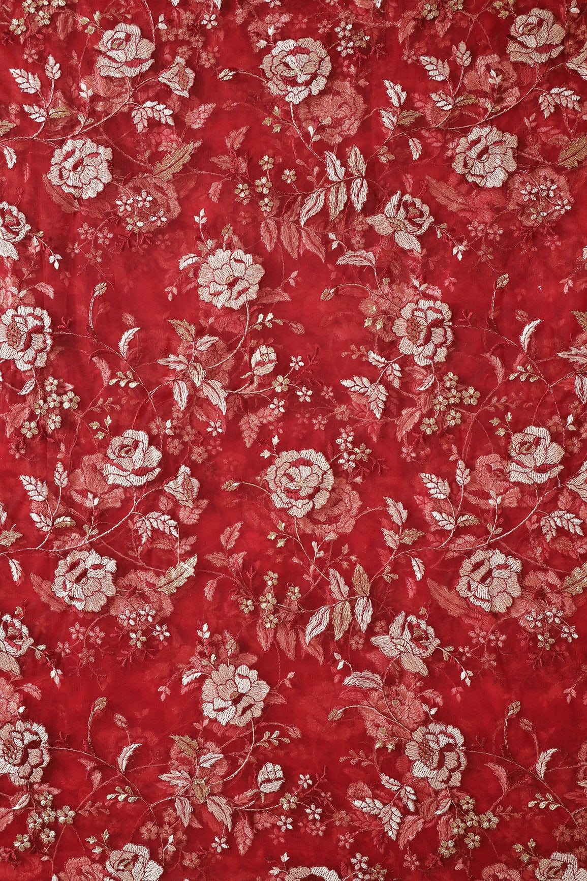 doeraa Embroidery Fabrics Heavy Floral Beige And Red Thread Work Embroidery On Red Soft Net Fabric