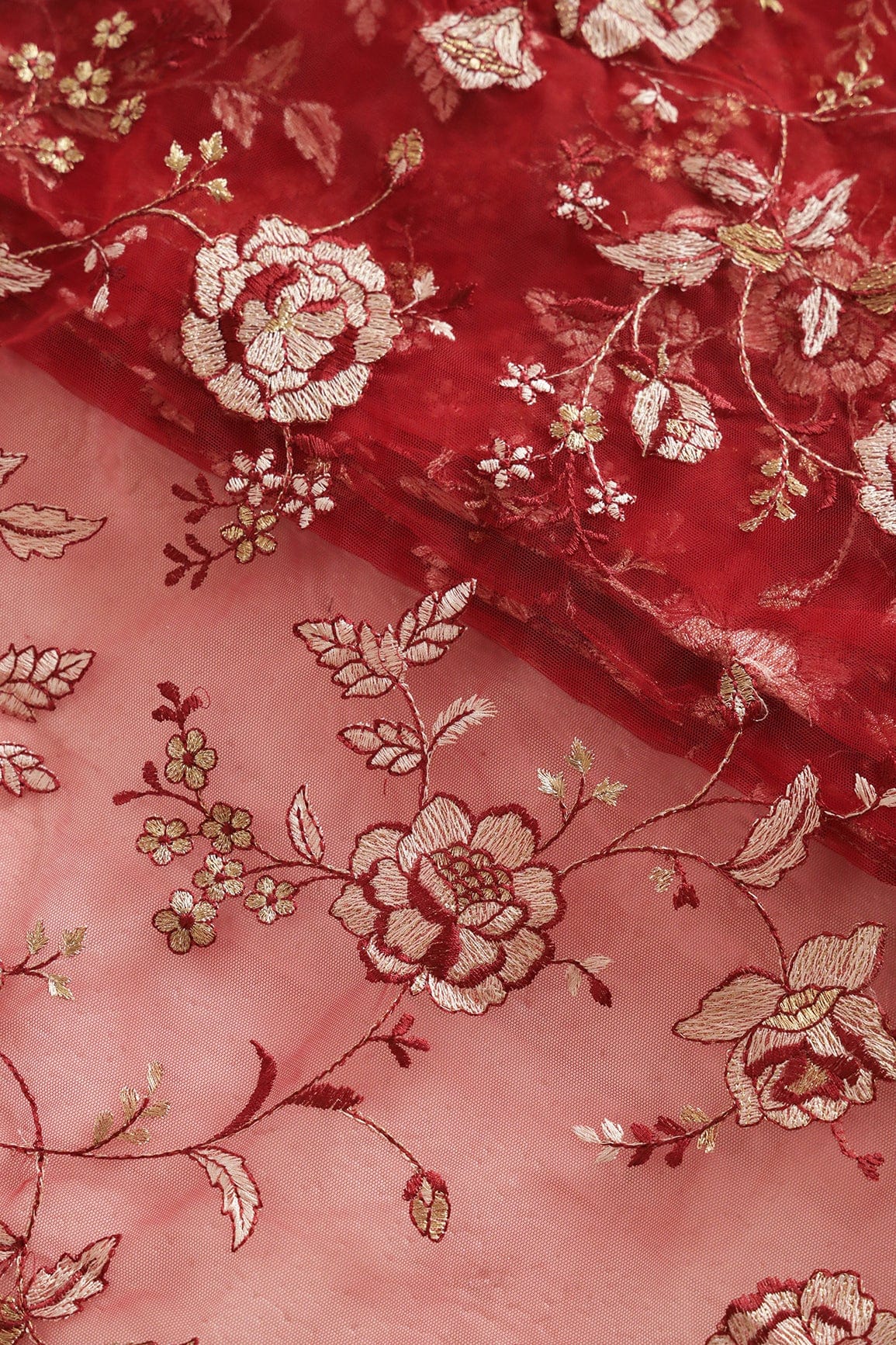 doeraa Embroidery Fabrics Heavy Floral Beige And Red Thread Work Embroidery On Red Soft Net Fabric