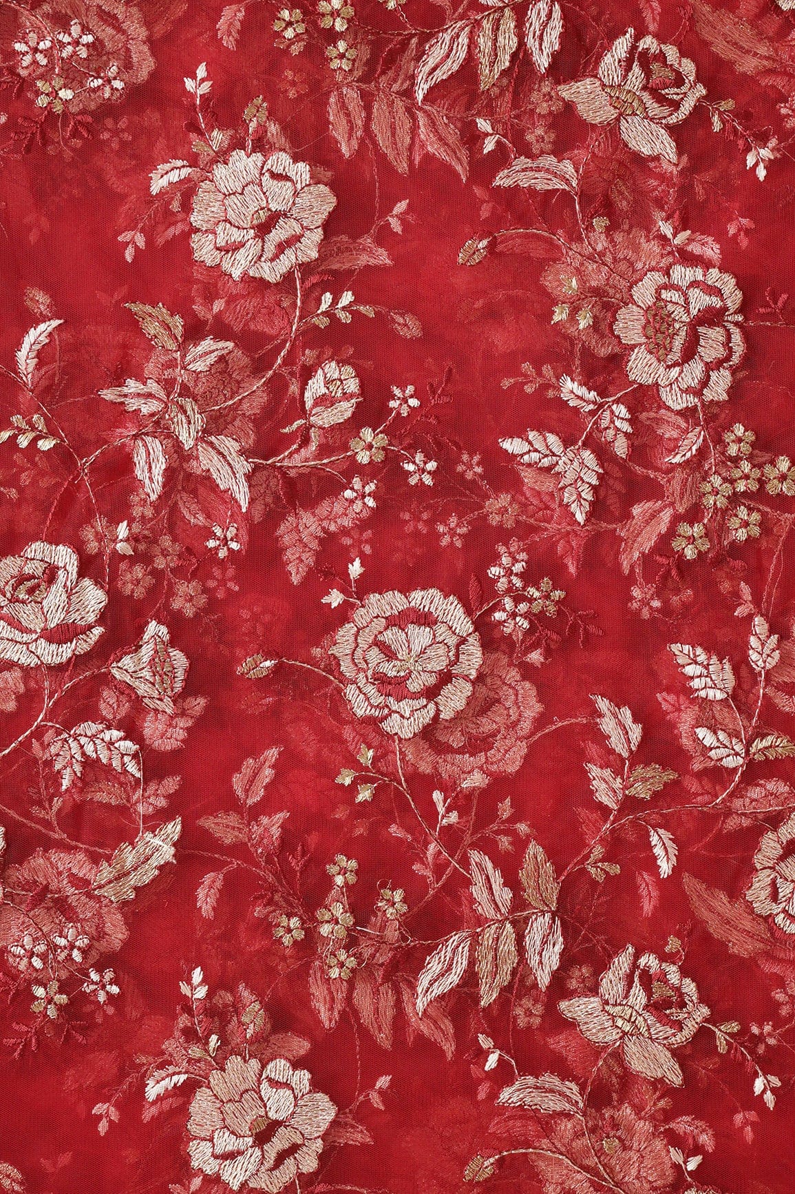 doeraa Embroidery Fabrics Heavy Floral Beige And Red Thread Work Embroidery On Red Soft Net Fabric
