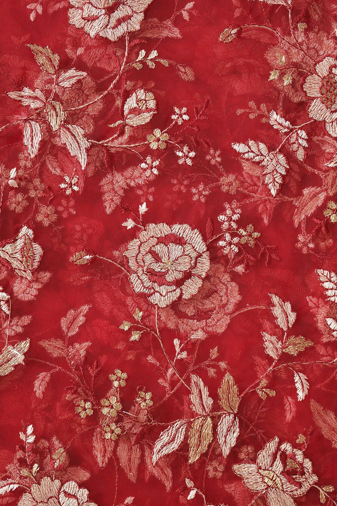 doeraa Embroidery Fabrics Heavy Floral Beige And Red Thread Work Embroidery On Red Soft Net Fabric