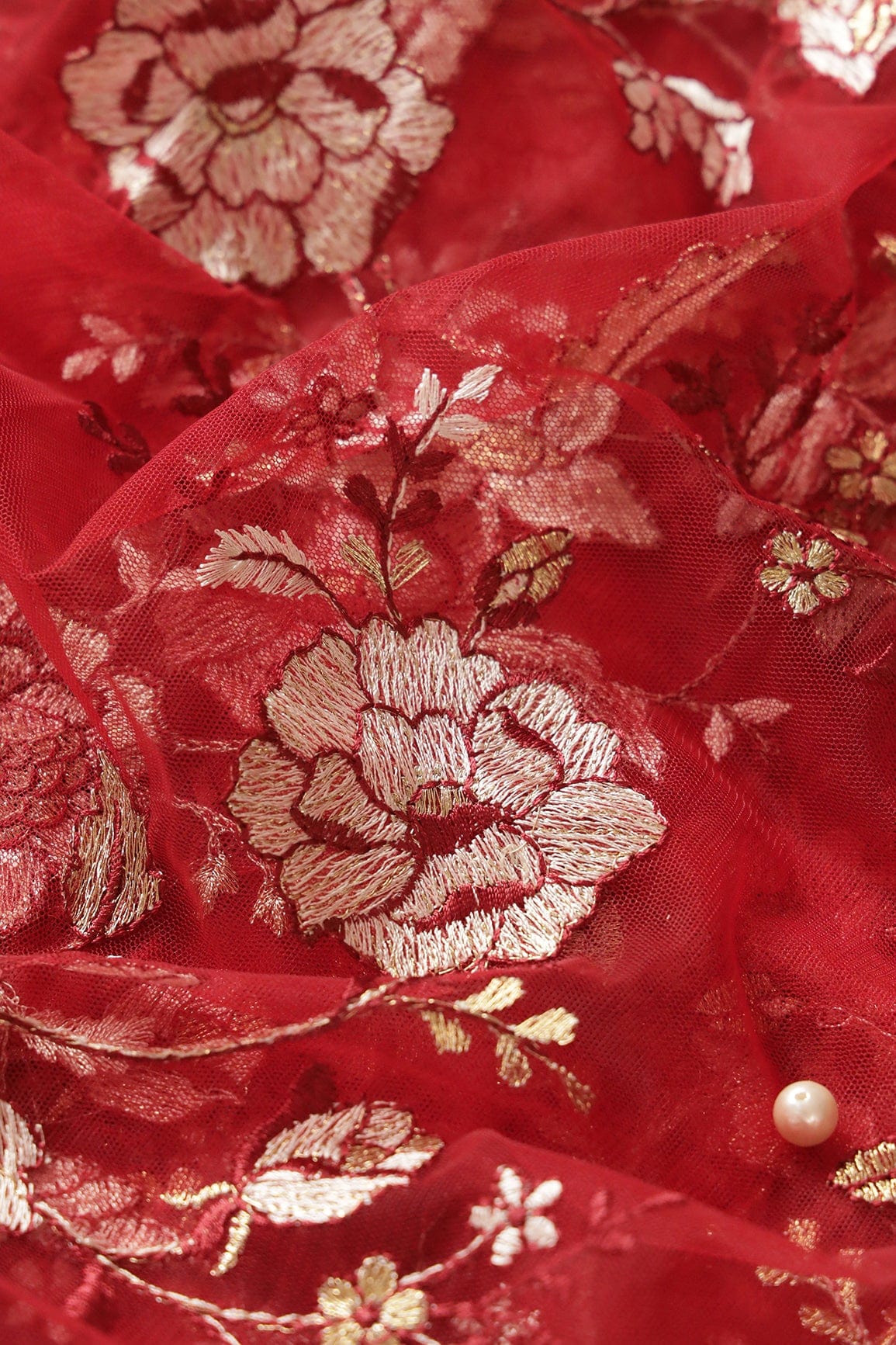 doeraa Embroidery Fabrics Heavy Floral Beige And Red Thread Work Embroidery On Red Soft Net Fabric
