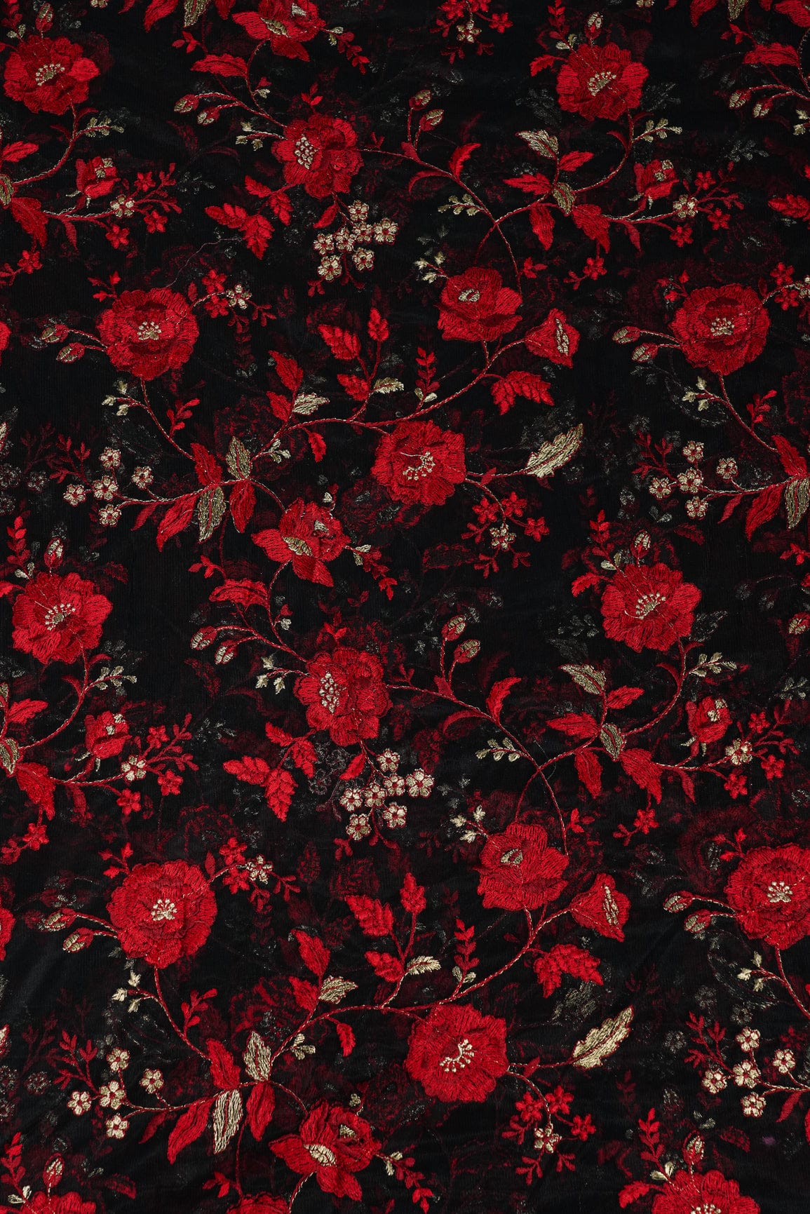 doeraa Embroidery Fabrics Heavy Floral Red Thread Work Embroidery On Black Soft Net Fabric