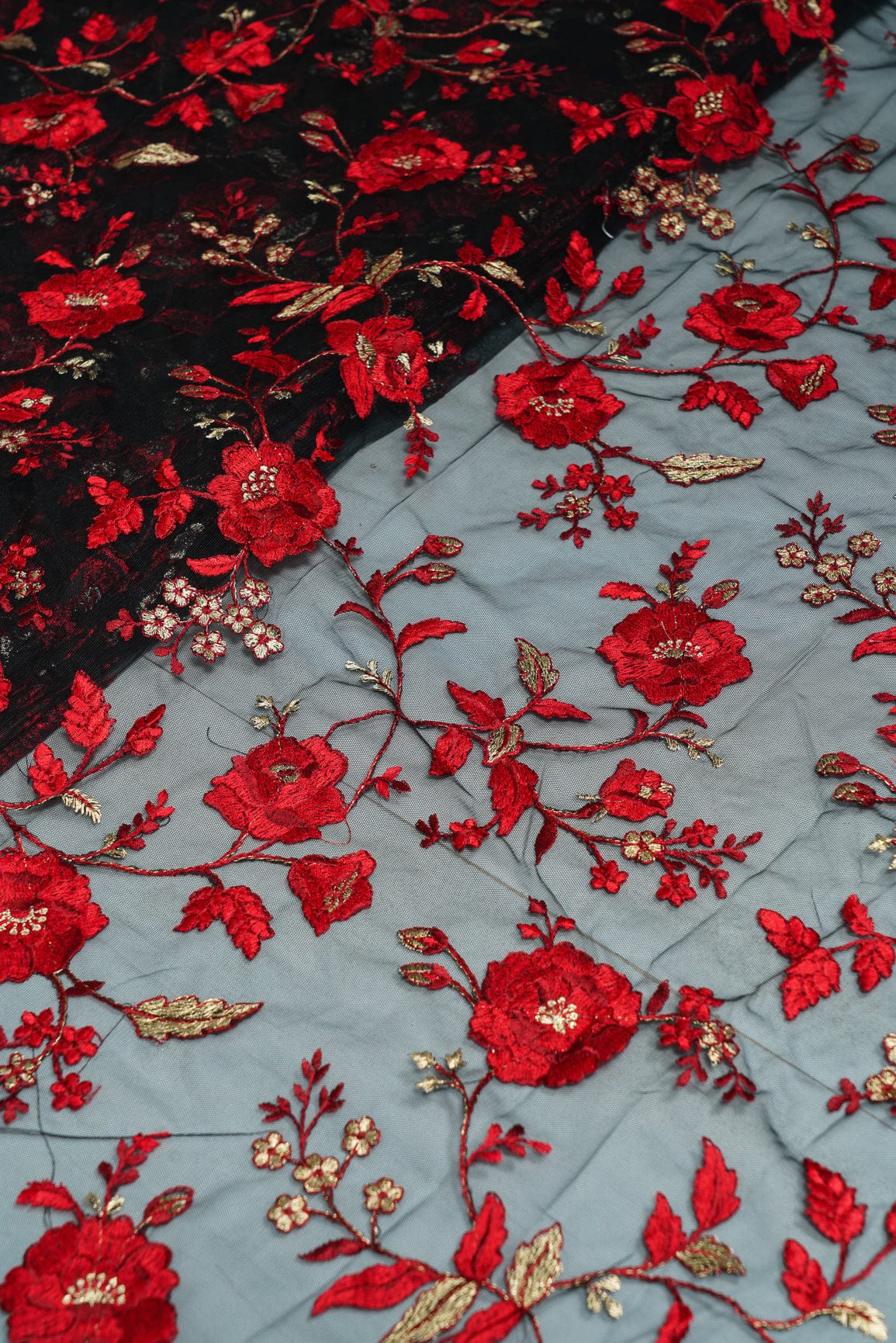 doeraa Embroidery Fabrics Heavy Floral Red Thread Work Embroidery On Black Soft Net Fabric