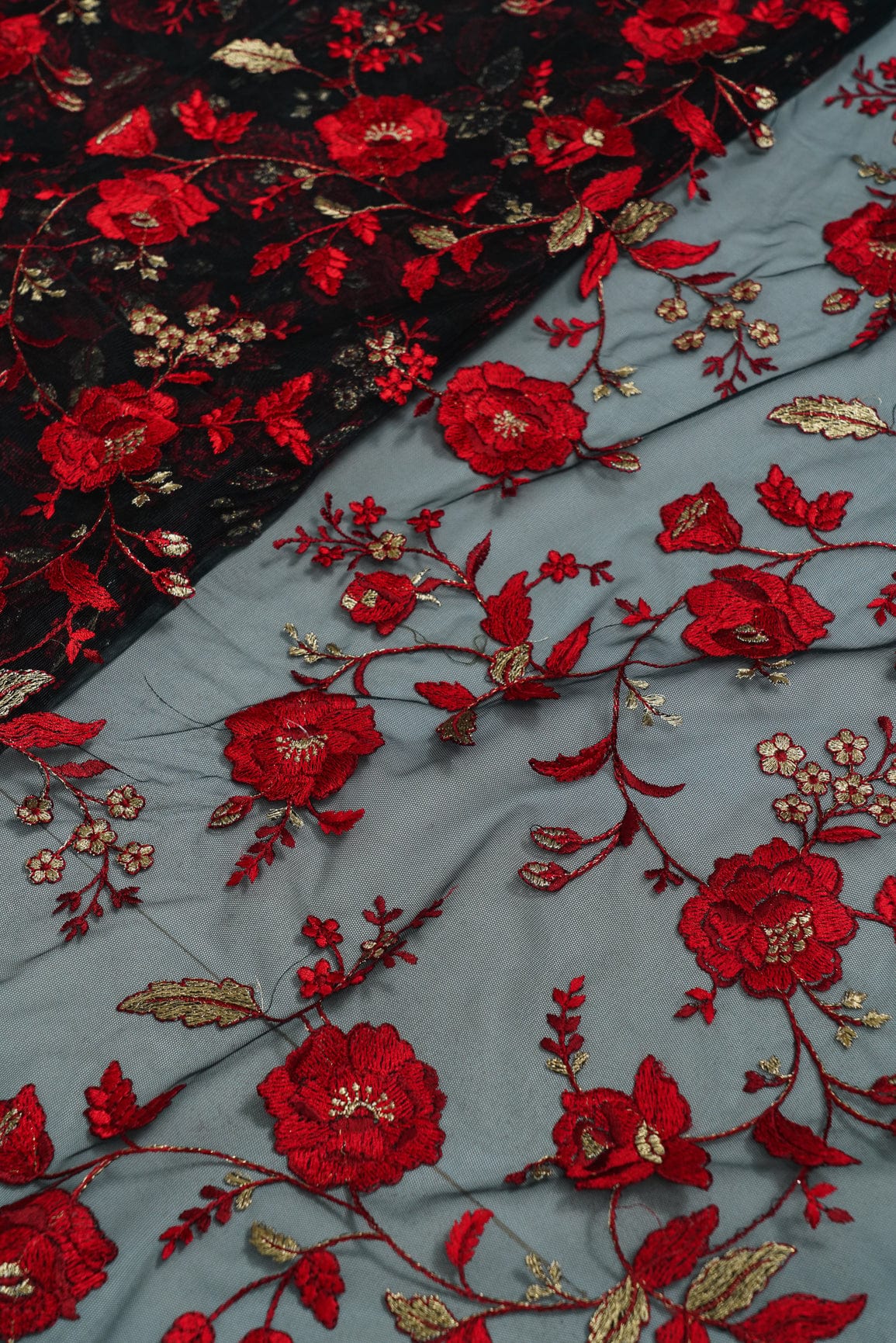 doeraa Embroidery Fabrics Heavy Floral Red Thread Work Embroidery On Black Soft Net Fabric