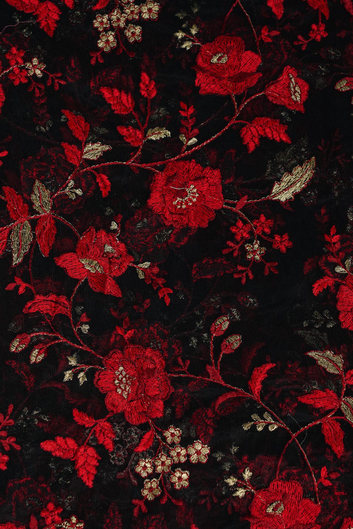 doeraa Embroidery Fabrics Heavy Floral Red Thread Work Embroidery On Black Soft Net Fabric