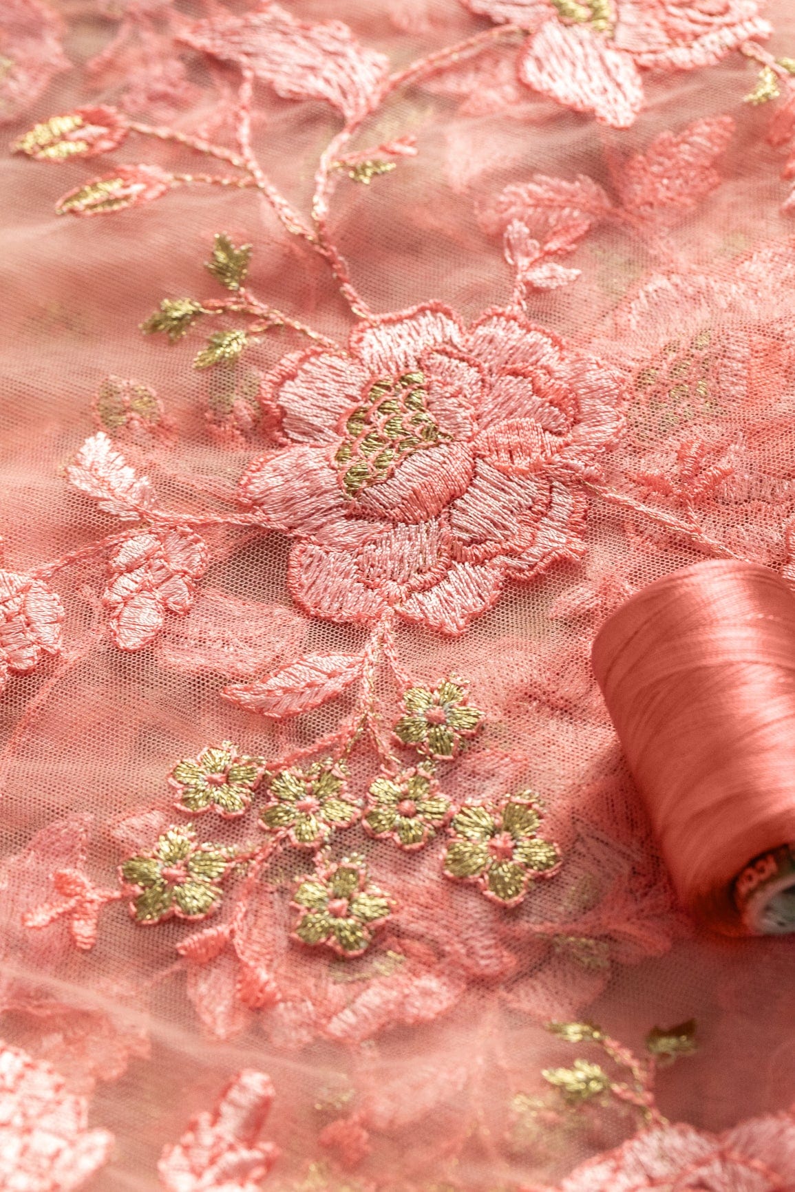 doeraa Embroidery Fabrics Heavy Floral Thread Work Embroidery On Baby Pink Soft Net Fabric