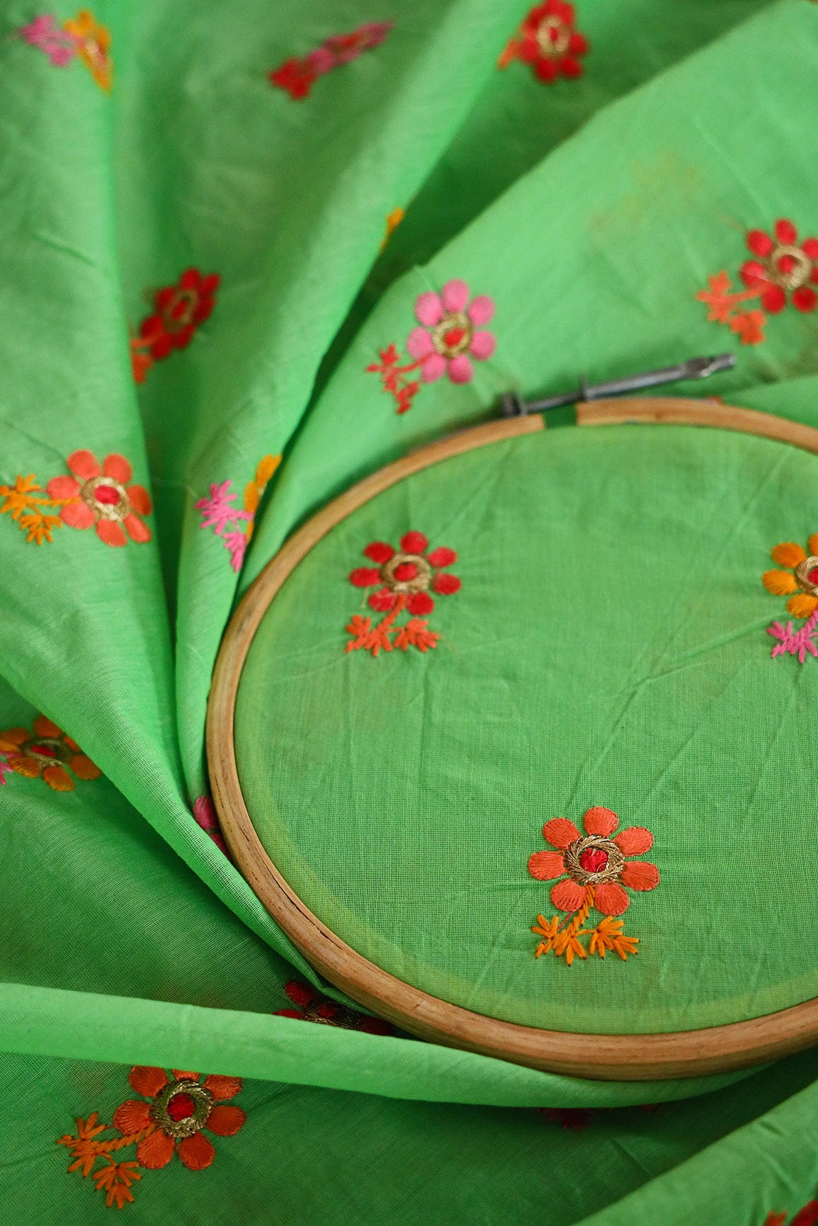 doeraa Embroidery Fabrics Multi Colour Flower Motif Zari Embroidery on Green Chanderi Fabric