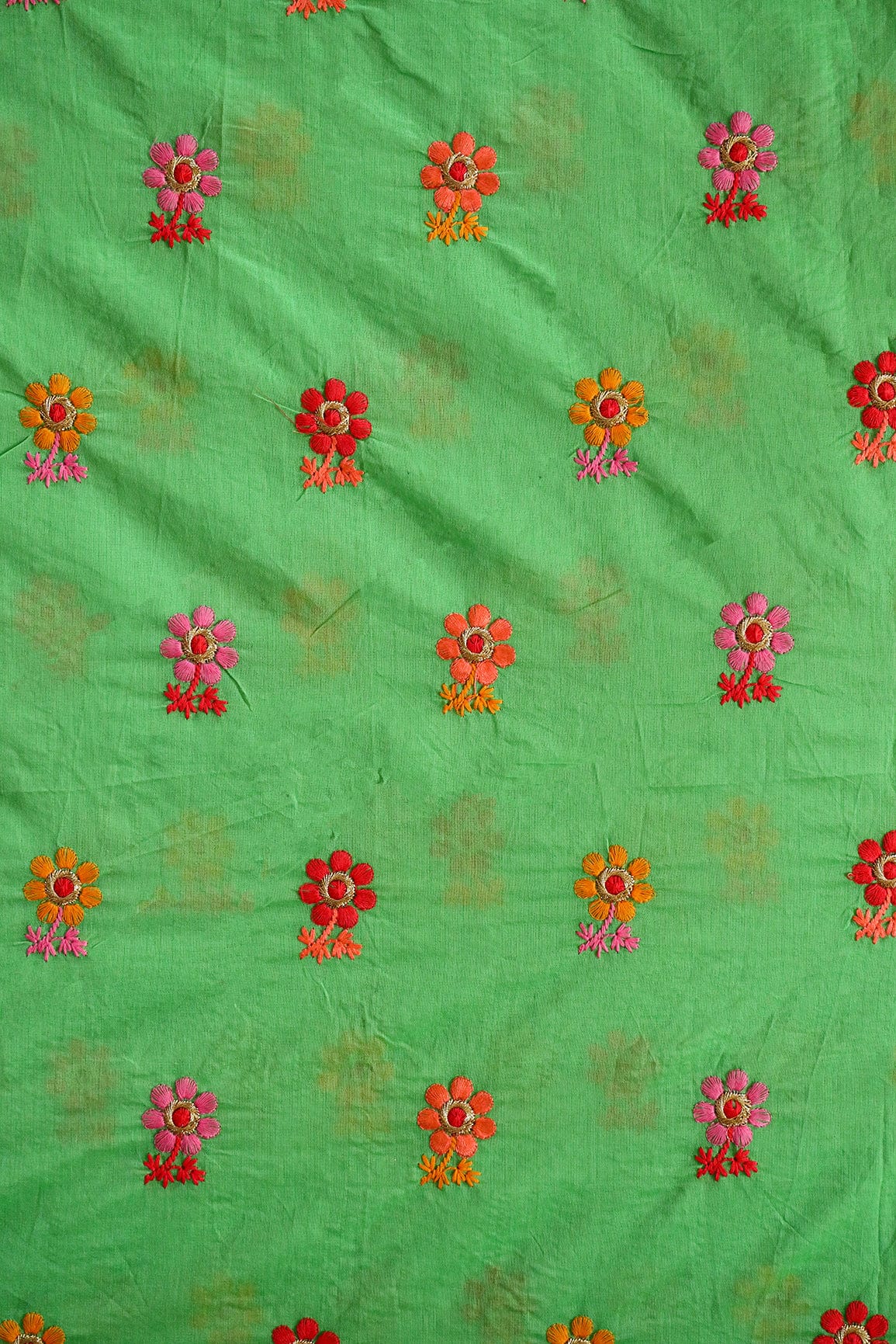 doeraa Embroidery Fabrics Multi Colour Flower Motif Zari Embroidery on Green Chanderi Fabric
