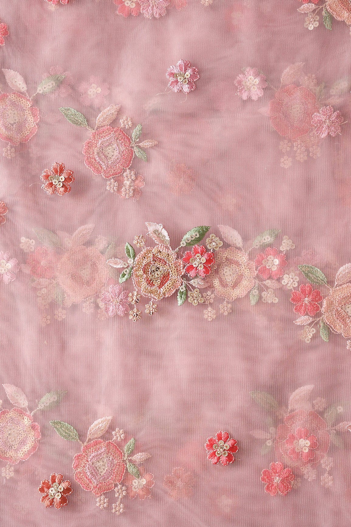 doeraa Embroidery Fabrics Multi Thread With Gold Sequins Small Floral Embroidery On Dusty Pink Soft Net Fabric